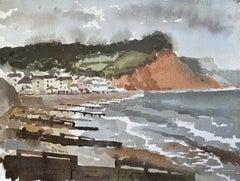 1991 Watercolour of Sidmouth East Devon with Cliffs, Sea and Coastal Townscape
