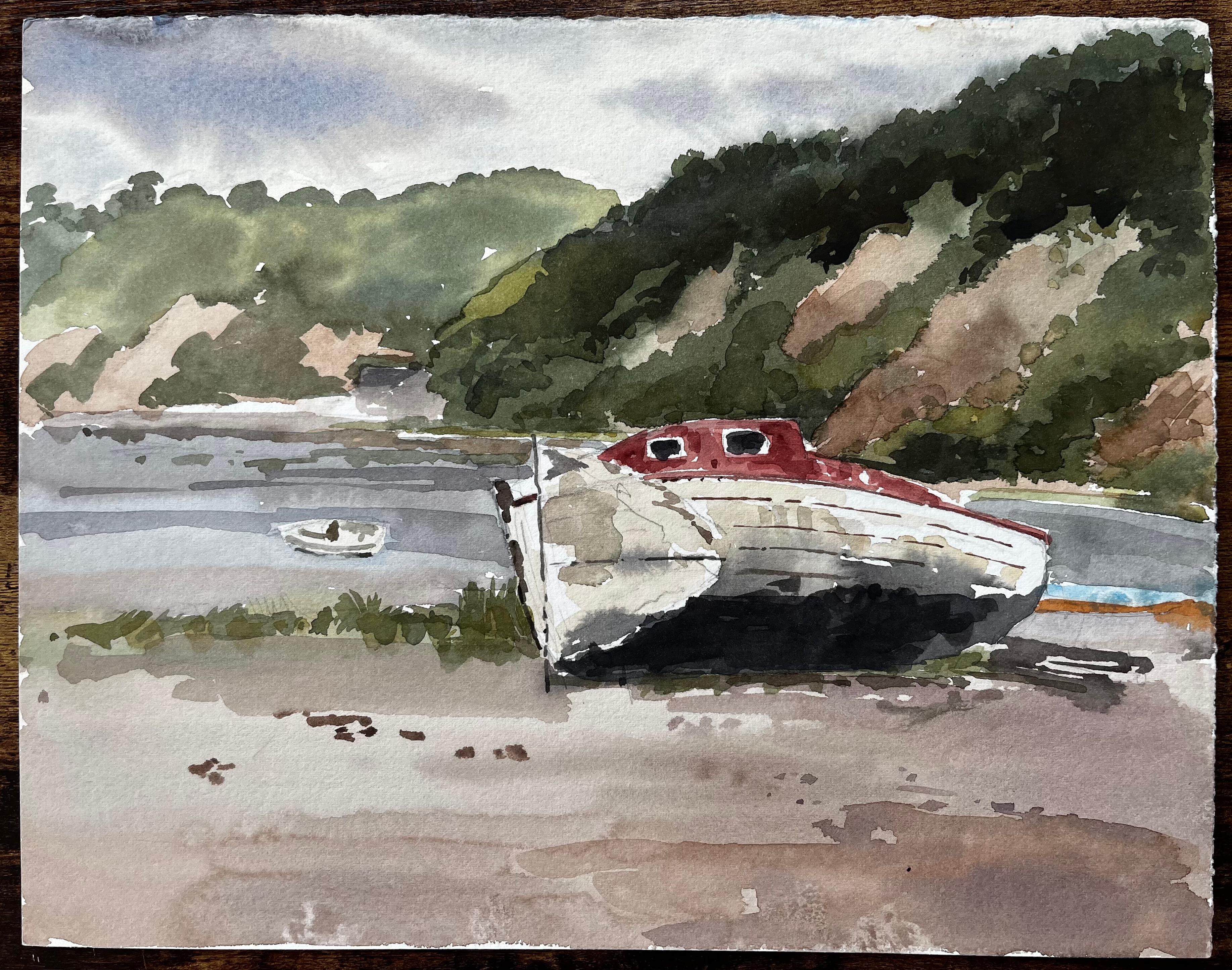 A la Duc Brittany Beached Boat with Red Cabin and Coastal Hillside France 1985 - Painting by Anthony Herbert