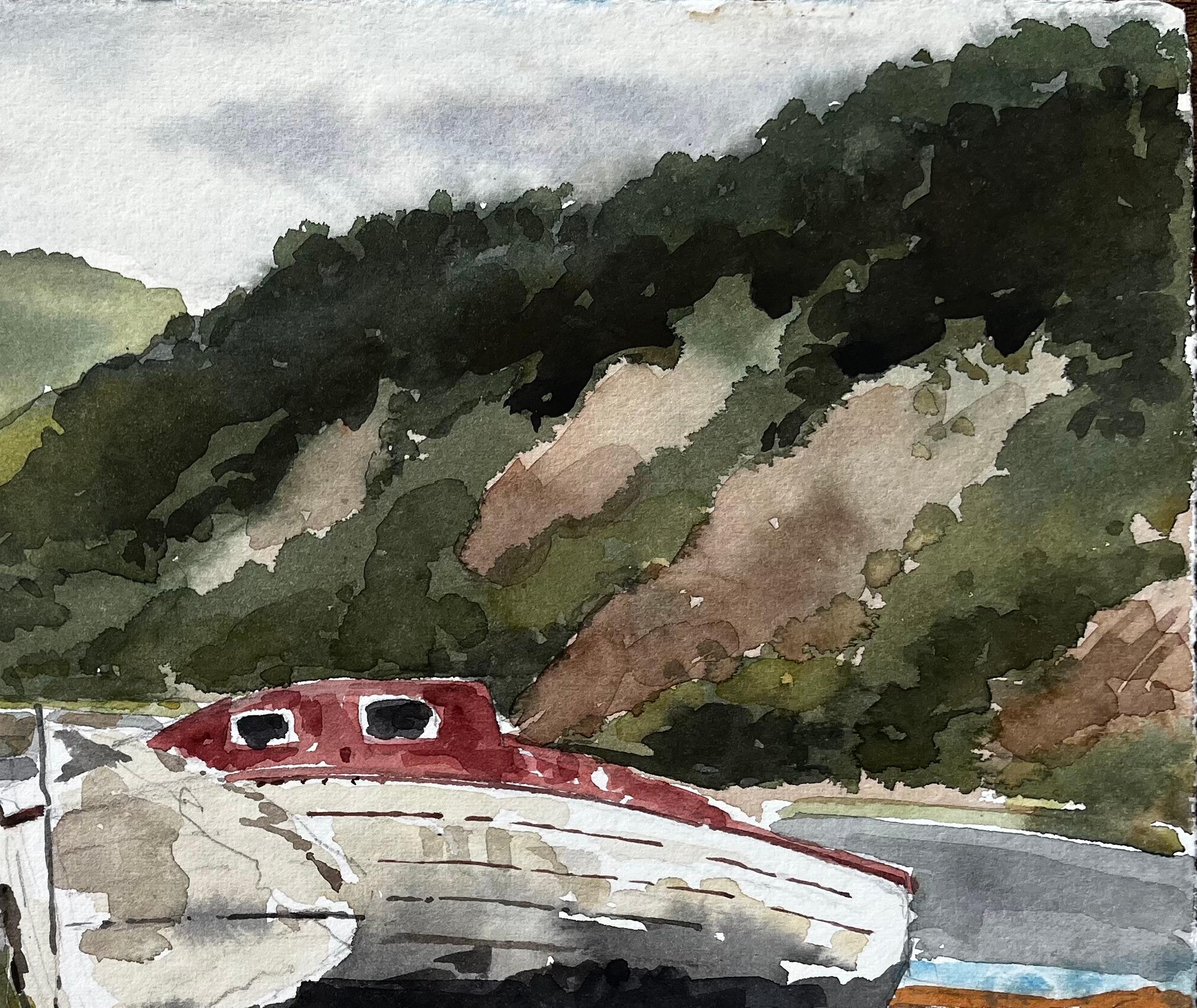 A la Duc Brittany Beached Boat with Red Cabin and Coastal Hillside France 1985 - Impressionist Painting by Anthony Herbert