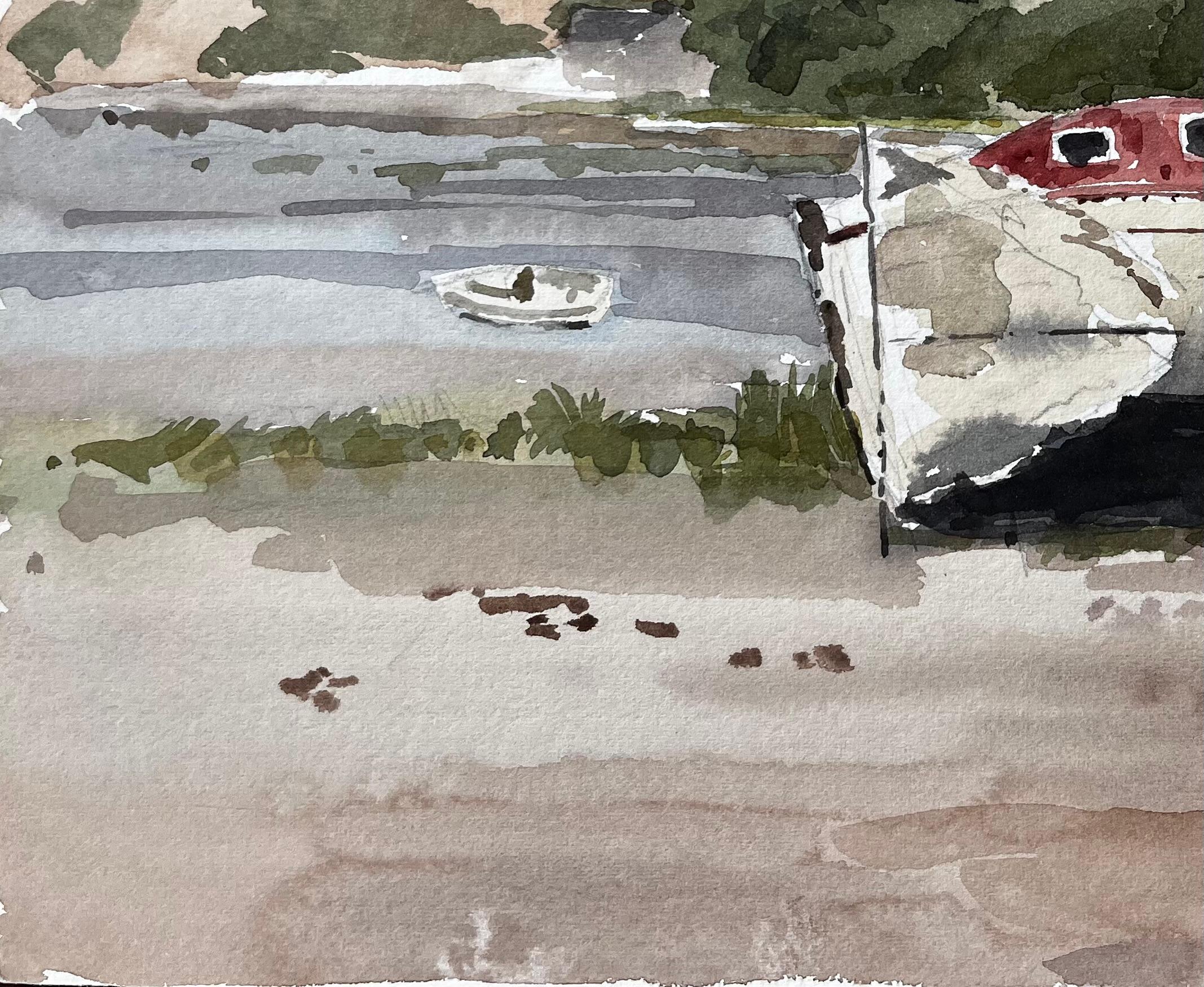 A la Duc Brittany Beached Boat with Red Cabin and Coastal Hillside France 1985 - Gray Landscape Painting by Anthony Herbert