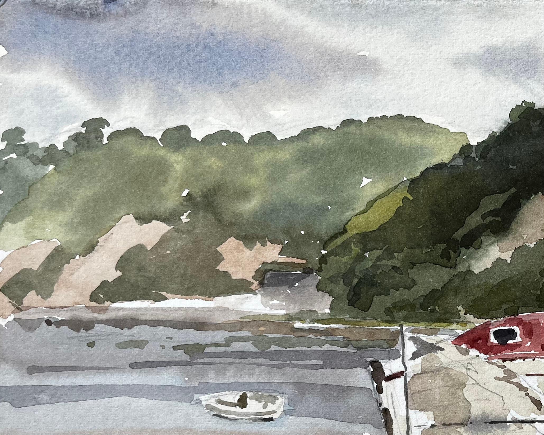 Title: A la Duc Brittany Beached Boat with Red Cabin and Coastal Hillside France 1985
By Tony Herbert (1927-2024)
Medium: Watercolor on paper, unframed
Size: 11 inches (height) x 14 inches (width)
Condition: good, will some signs on wear consistent