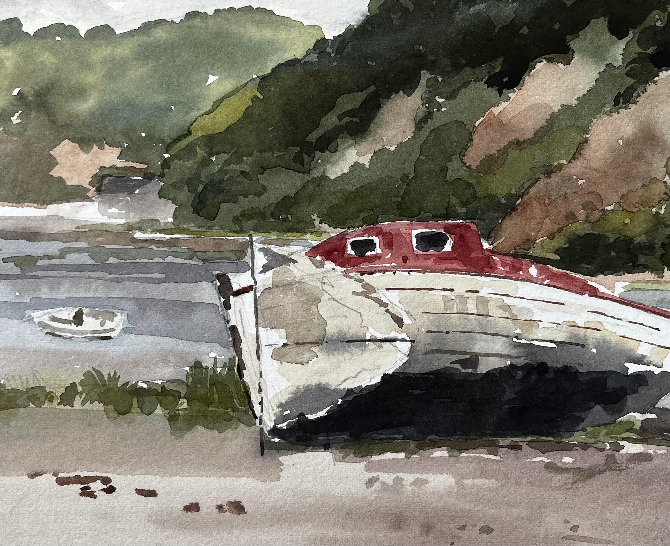 A la Duc Brittany Beached Boat with Red Cabin and Coastal Hillside France 1985 For Sale 1