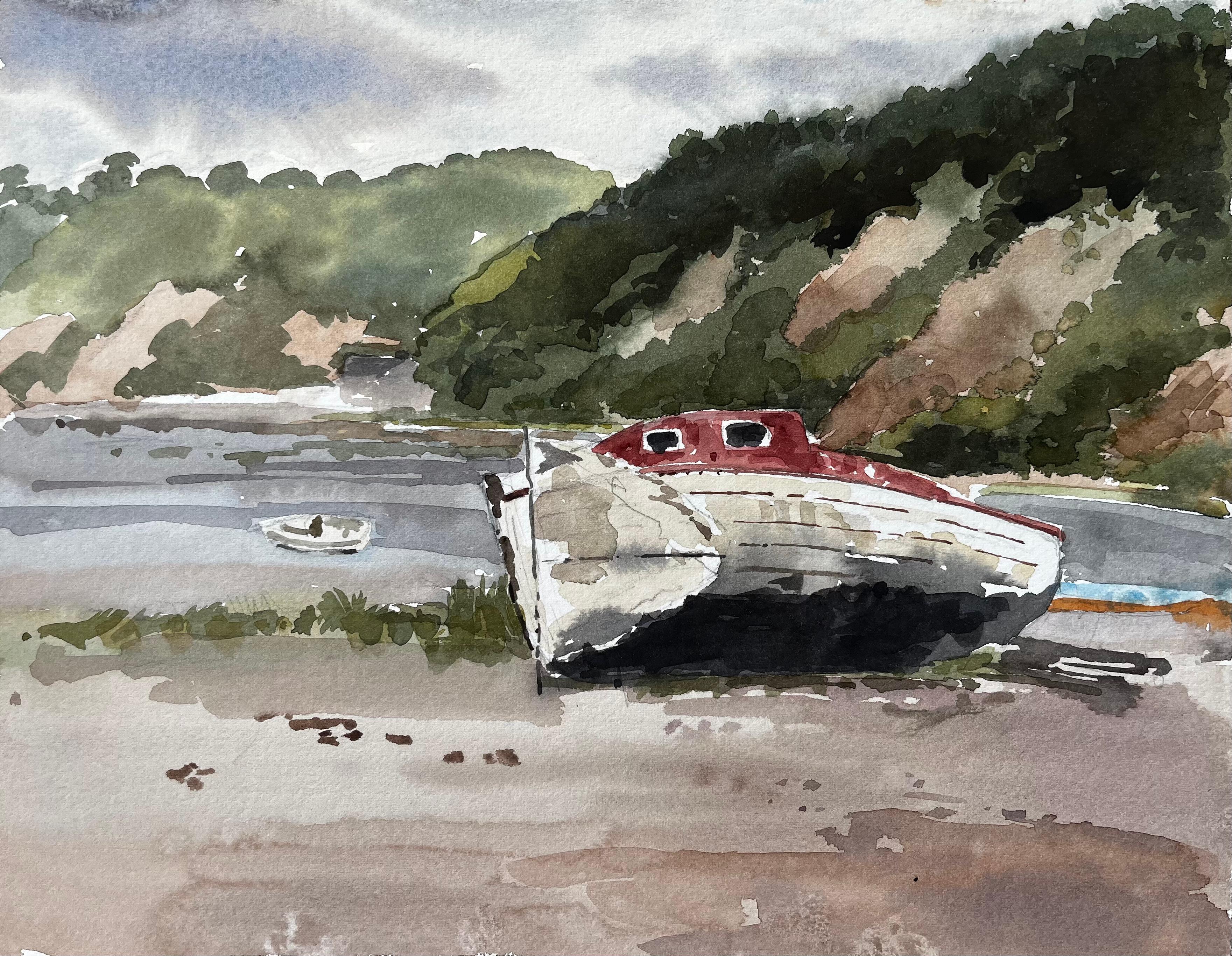 Anthony Herbert Landscape Painting - A la Duc Brittany Beached Boat with Red Cabin and Coastal Hillside France 1985