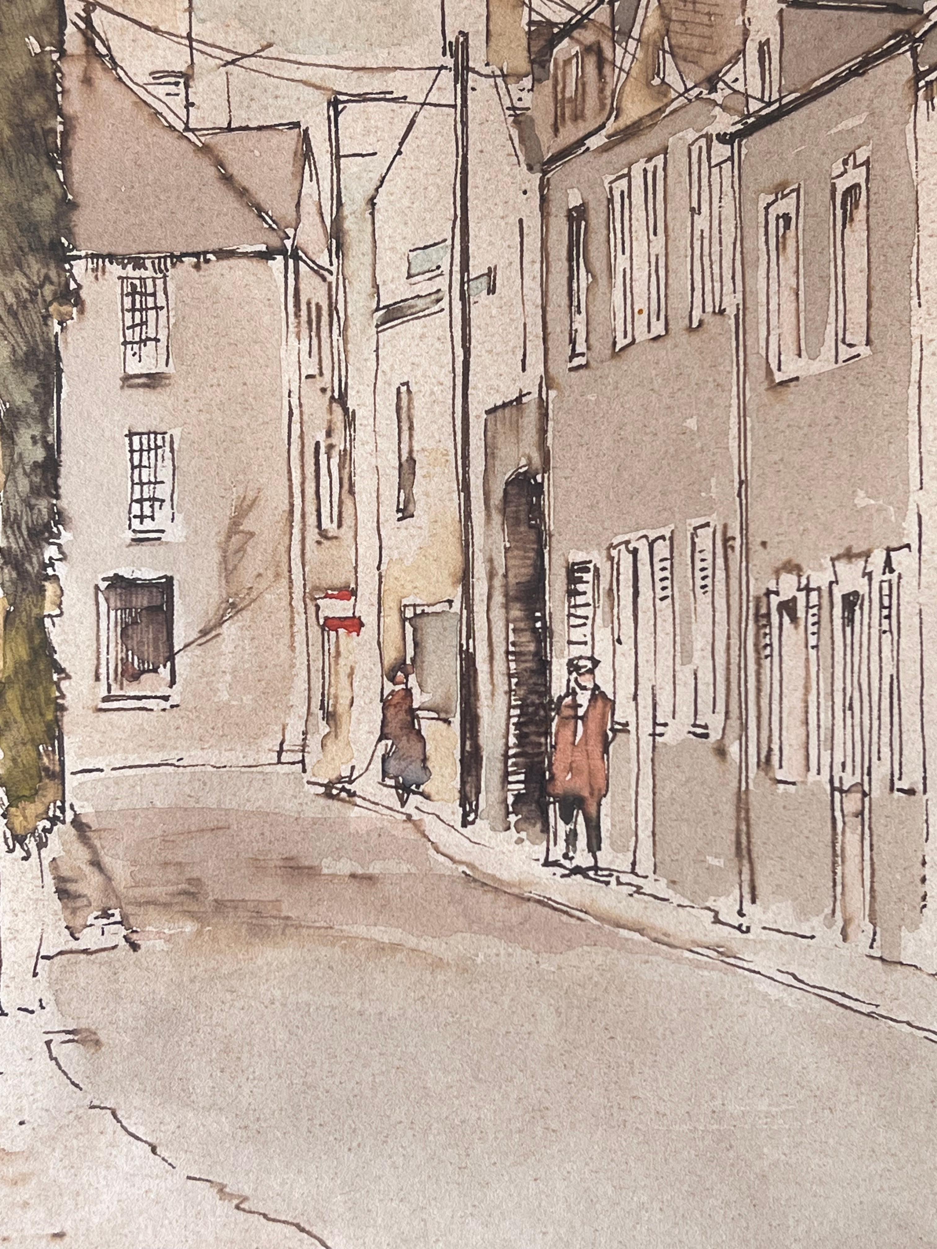 Une rue étroite et tranquille bordée de bâtiments pâles Peinture à l'aquarelle britannique - Art de Anthony Herbert