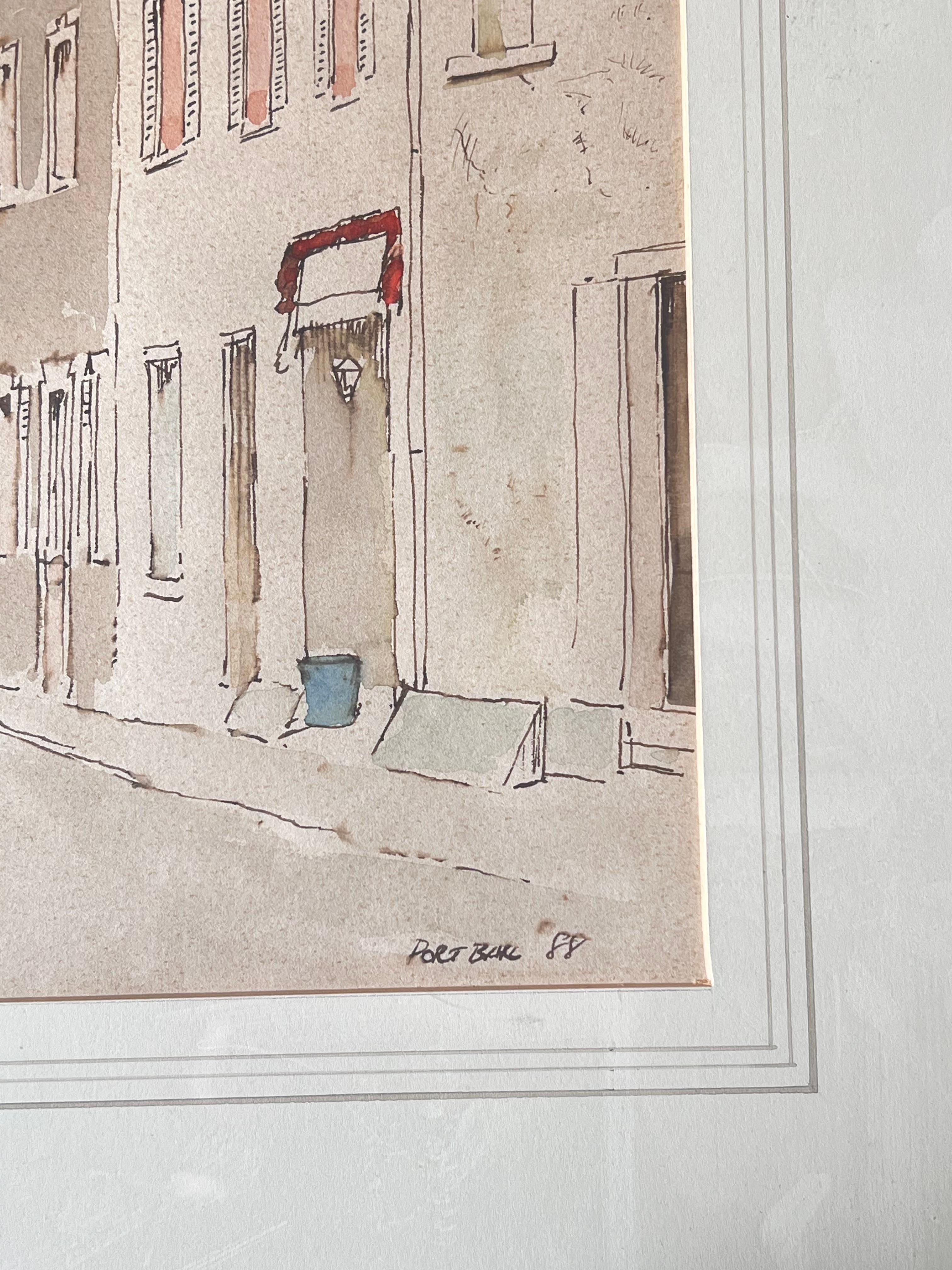 Une rue étroite et tranquille bordée de bâtiments pâles Peinture à l'aquarelle britannique - Impressionnisme Art par Anthony Herbert