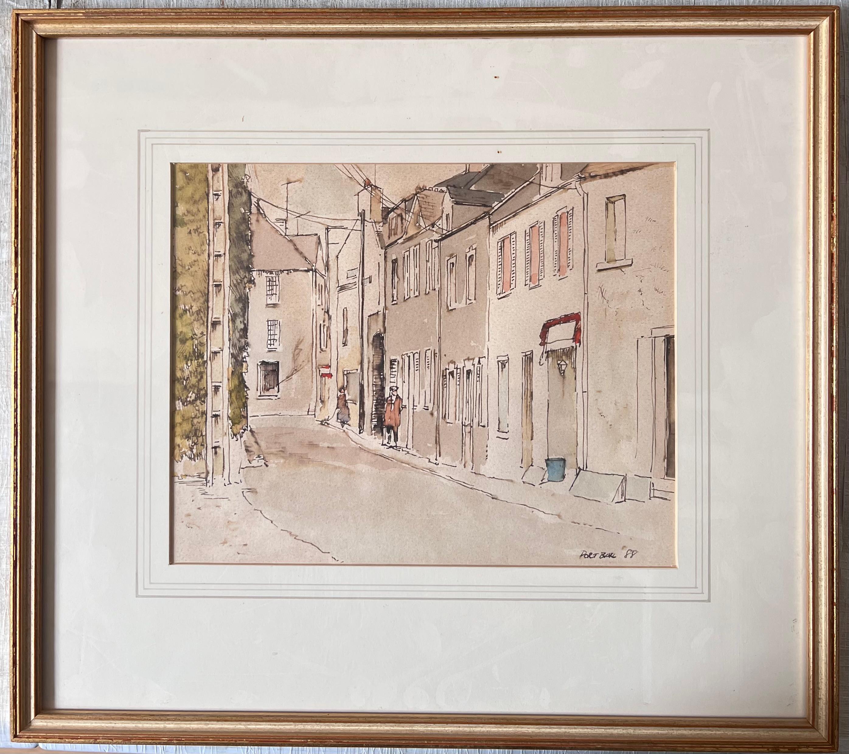 Figurative Art Anthony Herbert - Une rue étroite et tranquille bordée de bâtiments pâles Peinture à l'aquarelle britannique