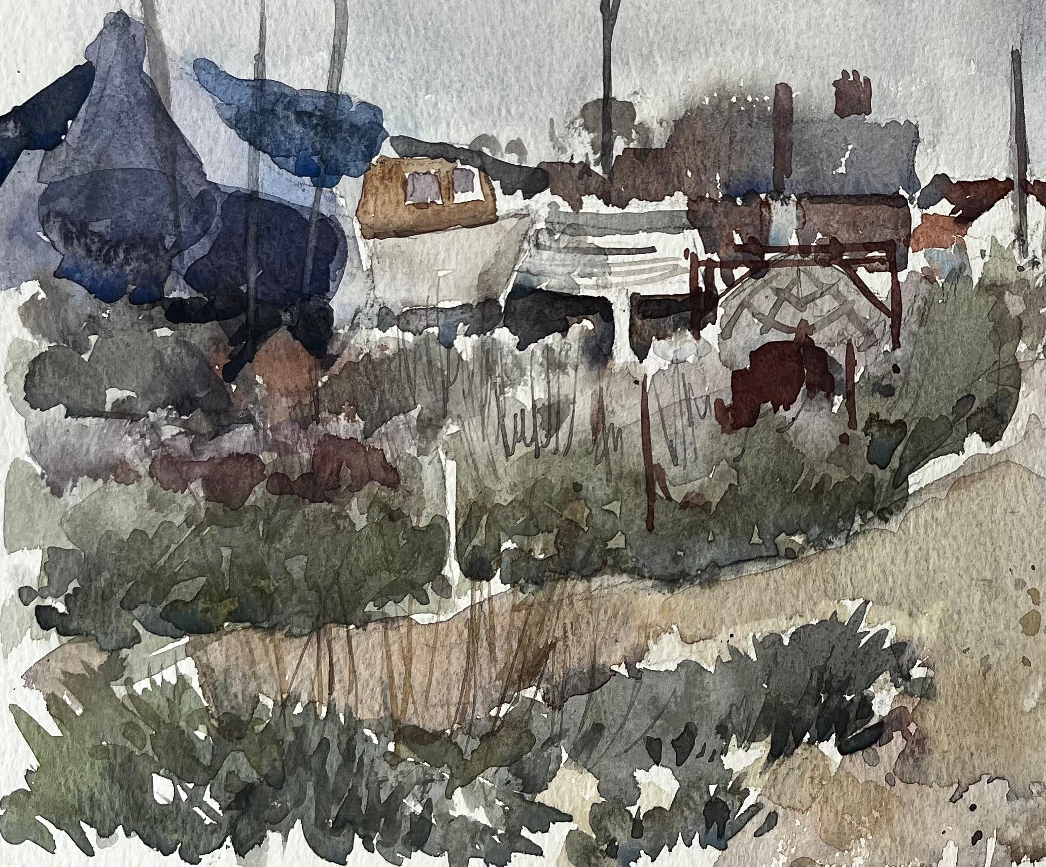 Aldeburgh Bootswerft und Küstenstraße Suffolk Landschaft Aquarell 1997 (Impressionismus), Painting, von Anthony Herbert