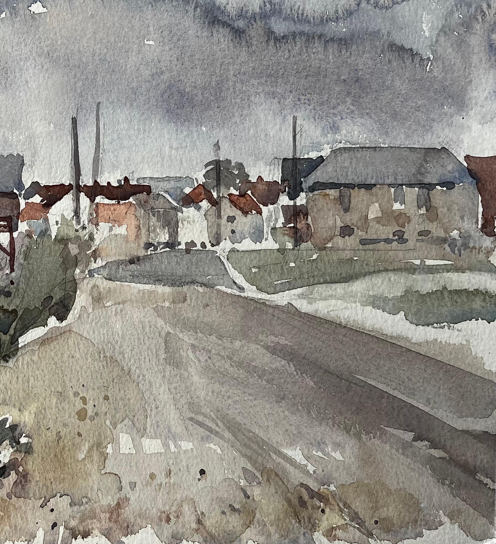 Aldeburgh Bootswerft und Küstenstraße Suffolk Landschaft Aquarell 1997 (Grau), Landscape Painting, von Anthony Herbert
