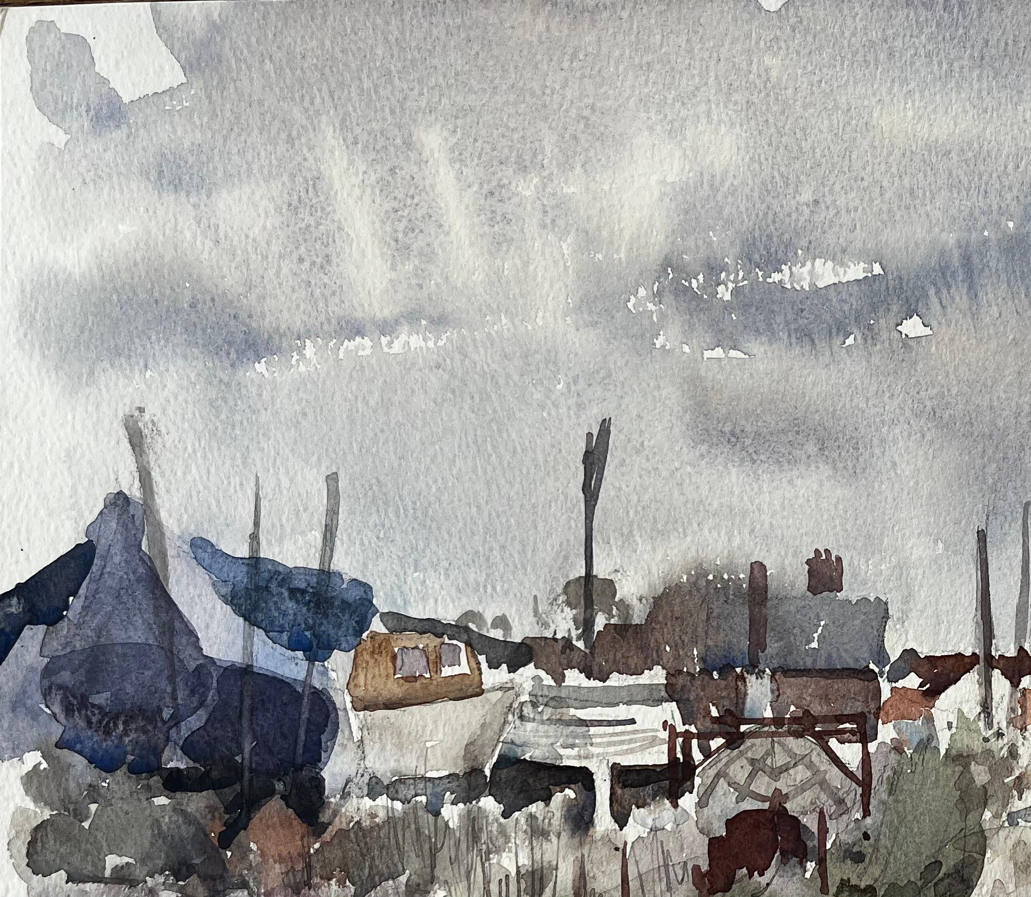 Aldeburgh Bootswerft und Küstenstraße Suffolk Landschaft Aquarell 1997 im Angebot 1