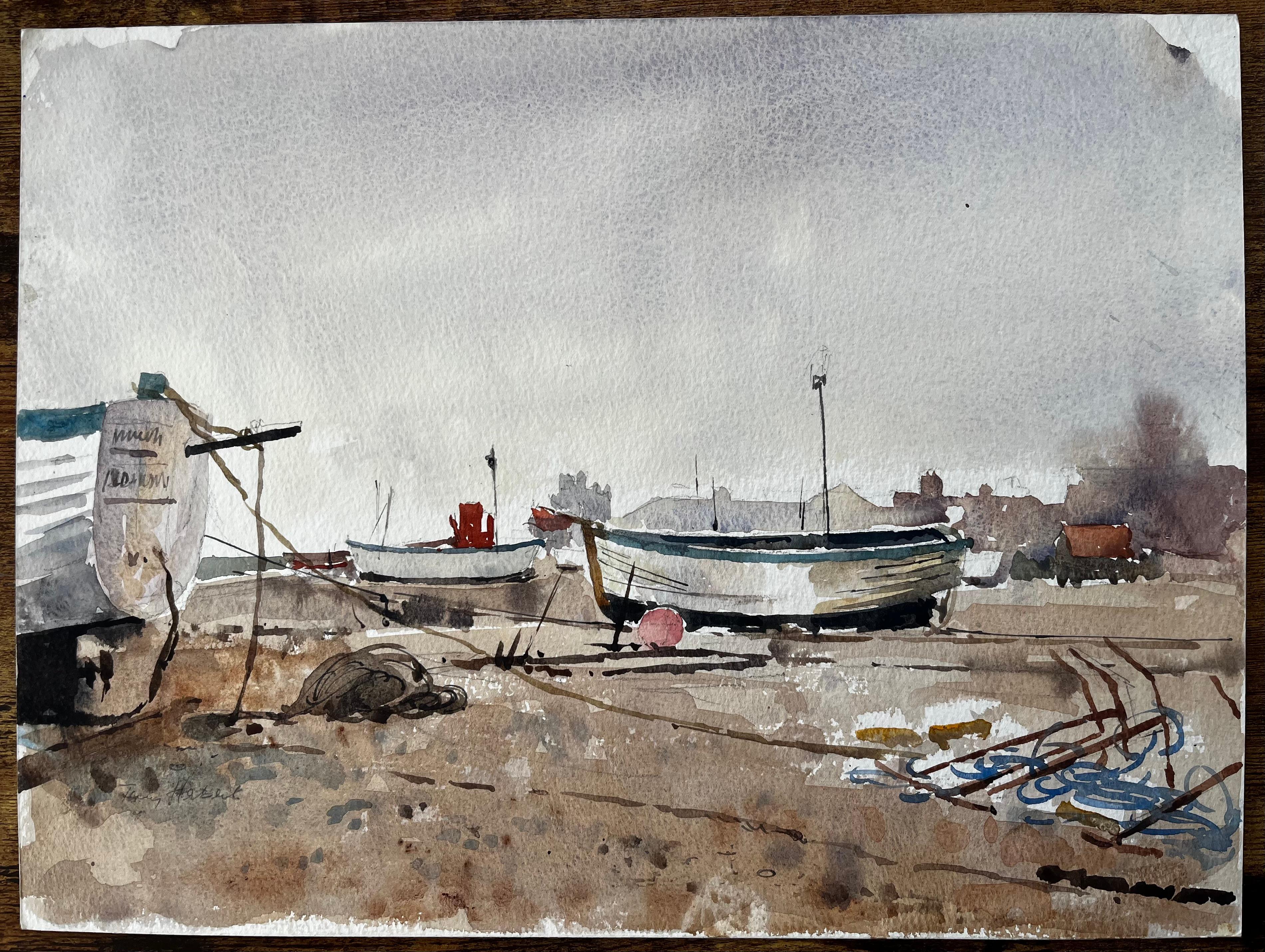 Aldeburgh Fischerboote Suffolk Küste Aquarell Landschaft 1994 von Tony Herbert – Painting von Anthony Herbert