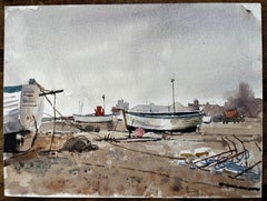 Aldeburgh Fishing Boats Suffolk Coast Watercolor Landscape 1994 by Tony Herbert