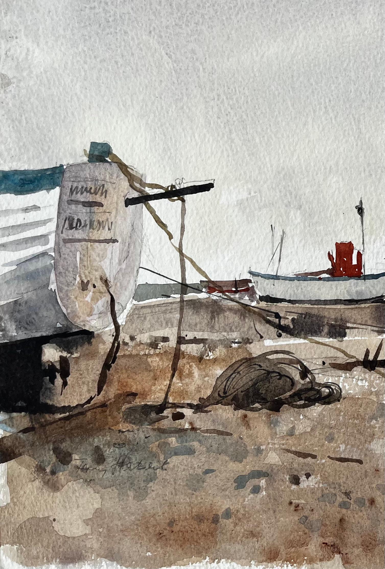 Titel: Aldeburgh Fischerboote Suffolk Küste Aquarell Landschaft 1994 von Tony Herbert
Von Tony Herbert (1927-2024)
Medium: Aquarell auf Künstlerpapier
Größe: 11,25 x 15 Zoll
Zustand: Insgesamt gut; leichte Abnutzung an den Ecken und leichte