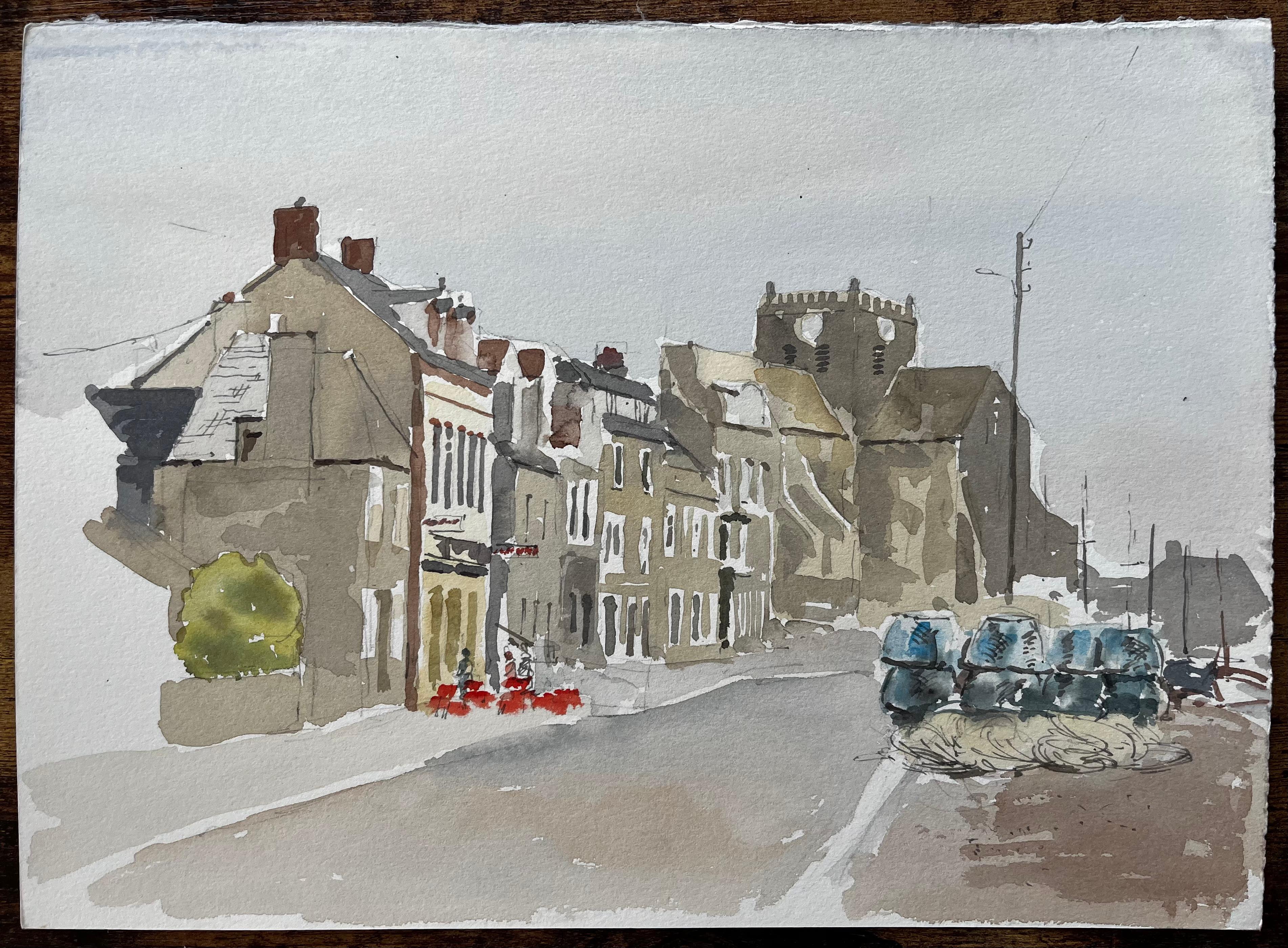 Barfleur Normandie Hafenszene mit Fischernetze 1988 Aquarell – Art von Anthony Herbert