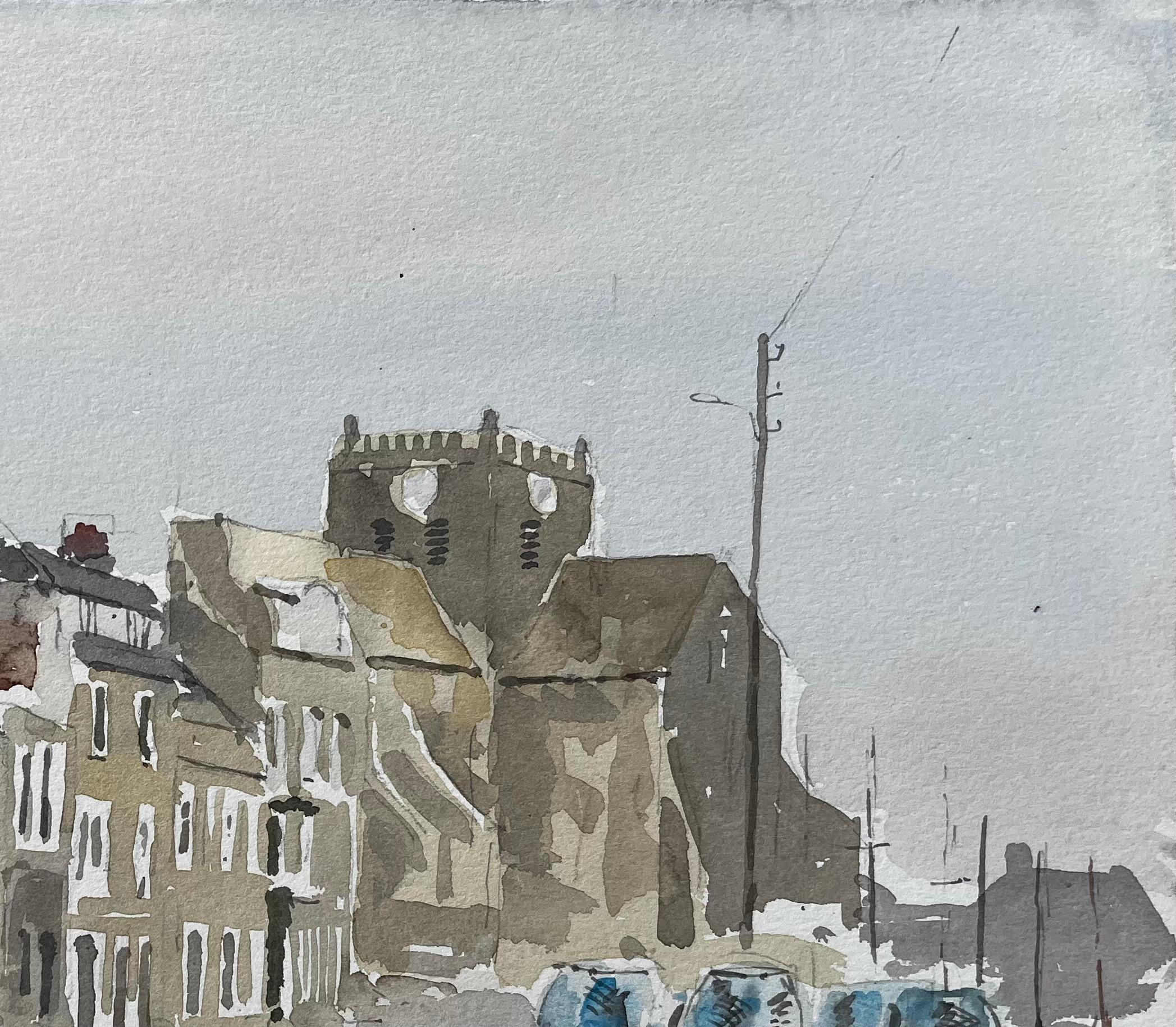Barfleur Normandie Hafenszene mit Fischernetze 1988 Aquarell (Grau), Landscape Art, von Anthony Herbert