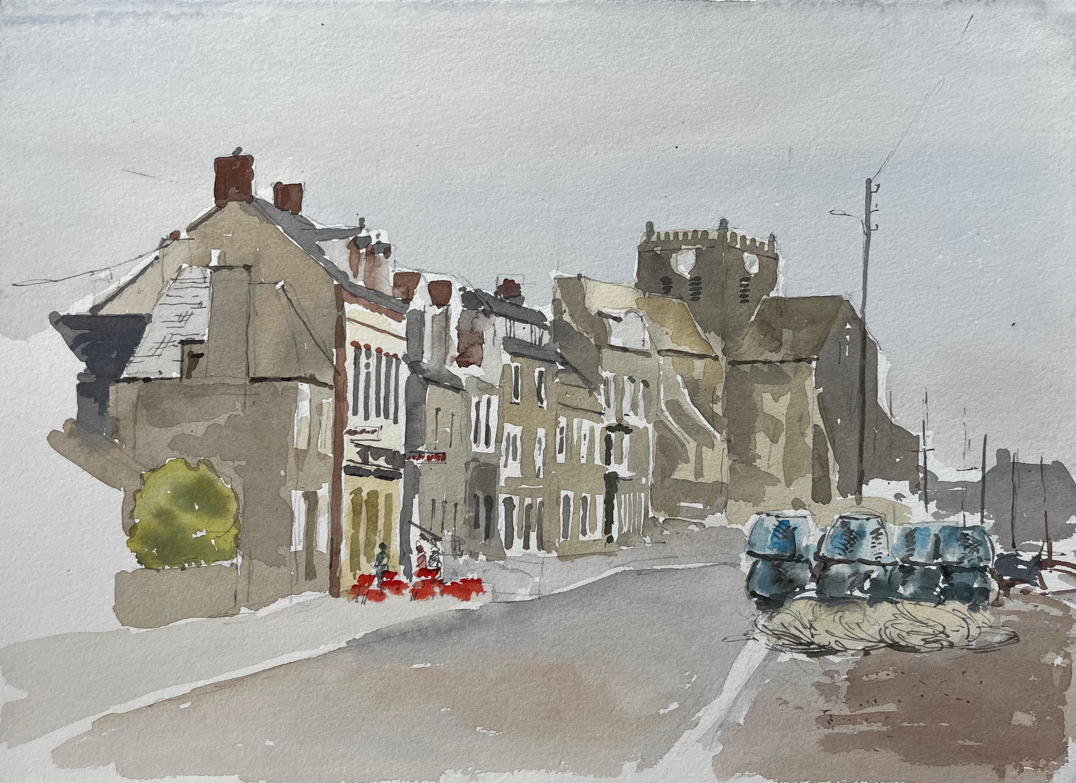 Anthony Herbert Landscape Art – Barfleur Normandie Hafenszene mit Fischernetze 1988 Aquarell