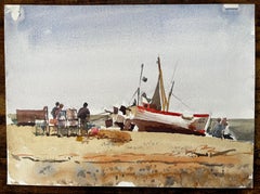 Beached Fishing Boat with Figures and Nets on Winter Shore Watercolour Scene