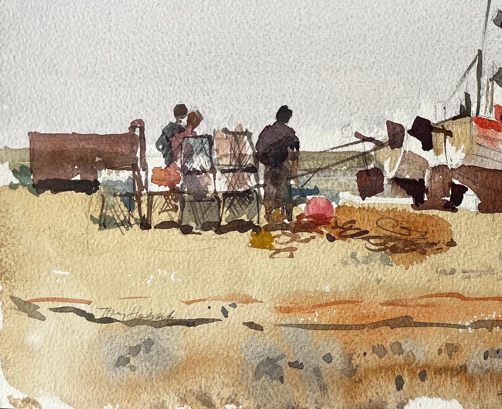 Beached Fishing Boat with Figures and Nets on Winter Shore Watercolour Scene - Impressionist Art by Anthony Herbert