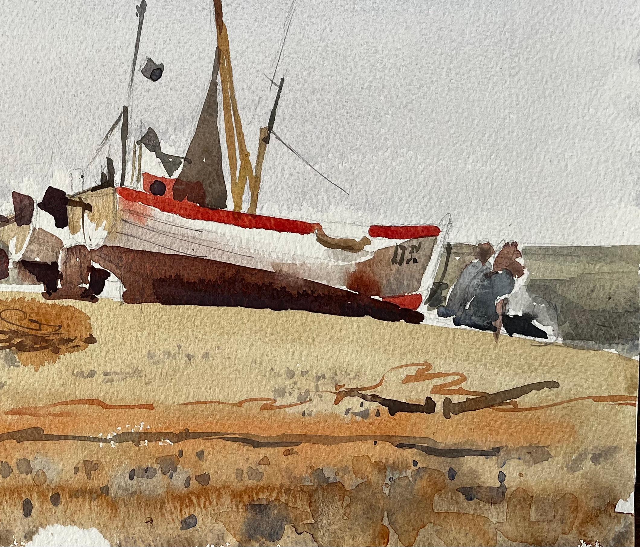 Beached Fishing Boat with Figures and Nets on Winter Shore Watercolour Scene - Beige Landscape Art by Anthony Herbert