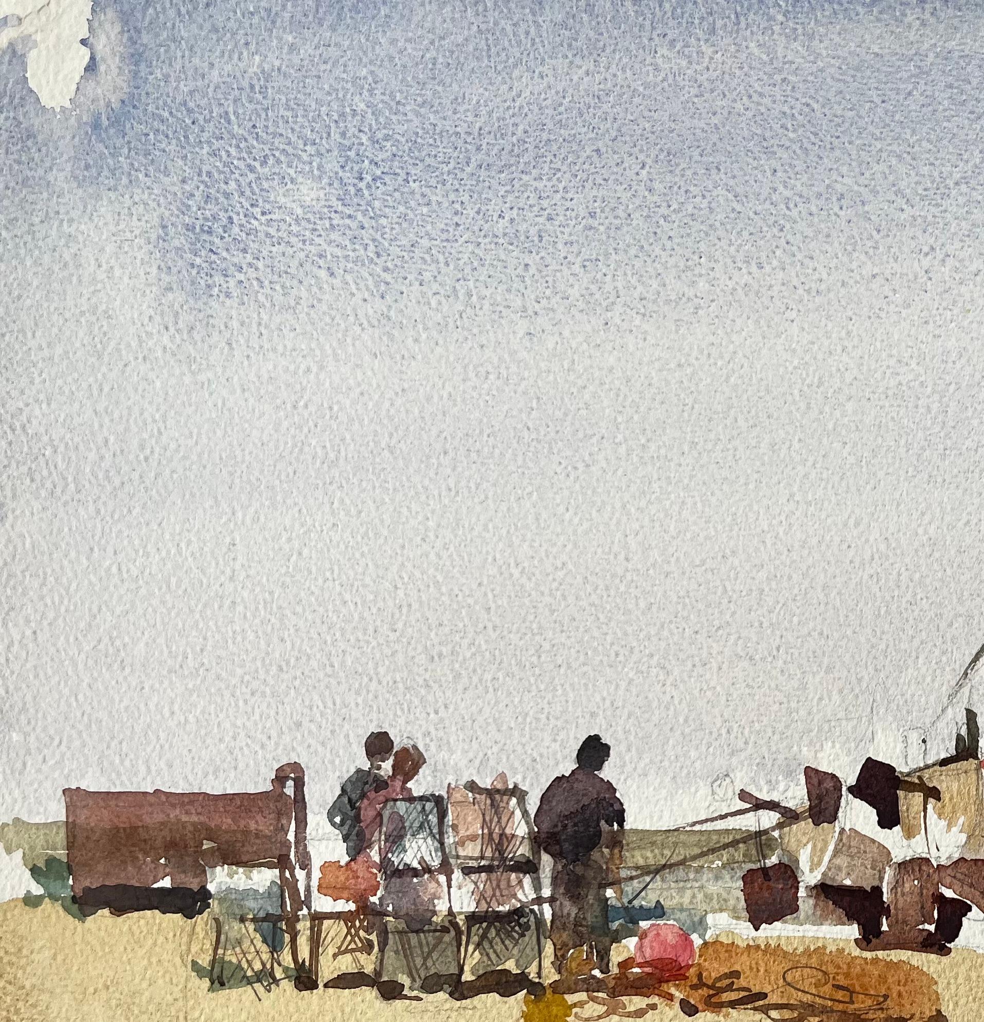 Title: Beached Fishing Boat with Figures and Nets on Winter Shore Watercolour Scene
By Tony Herbert (1927-2024)
Signed: Bottom left
Medium: Watercolor on artists paper
Size: 11 x 15 inches 
Condition: good; slight edge curling consistent with