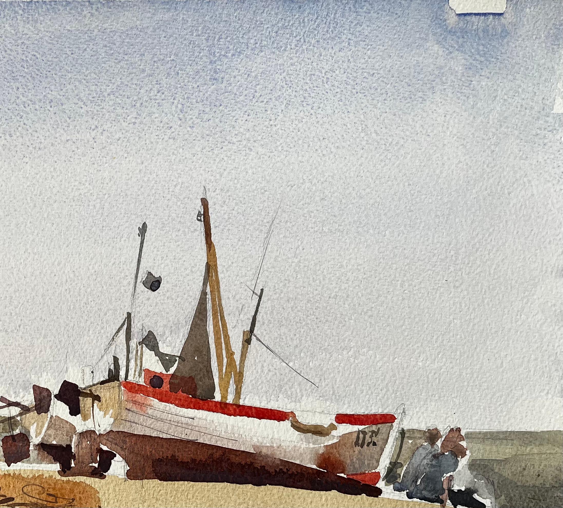 Beached Fishing Boat with Figures and Nets on Winter Shore Watercolour Scene For Sale 1