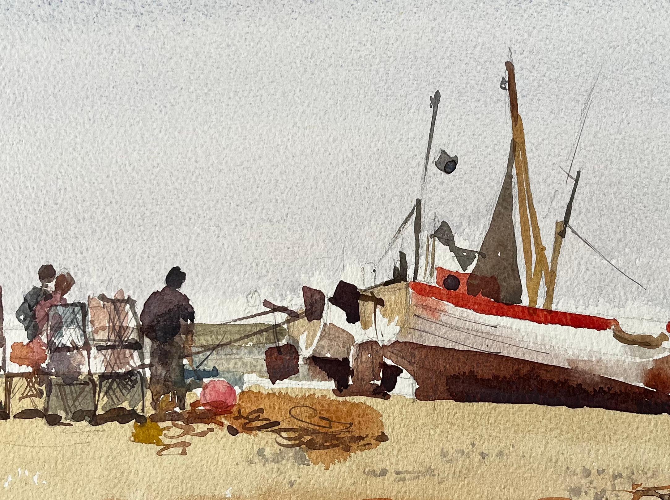 Beached Fishing Boat with Figures and Nets on Winter Shore Watercolour Scene For Sale 2