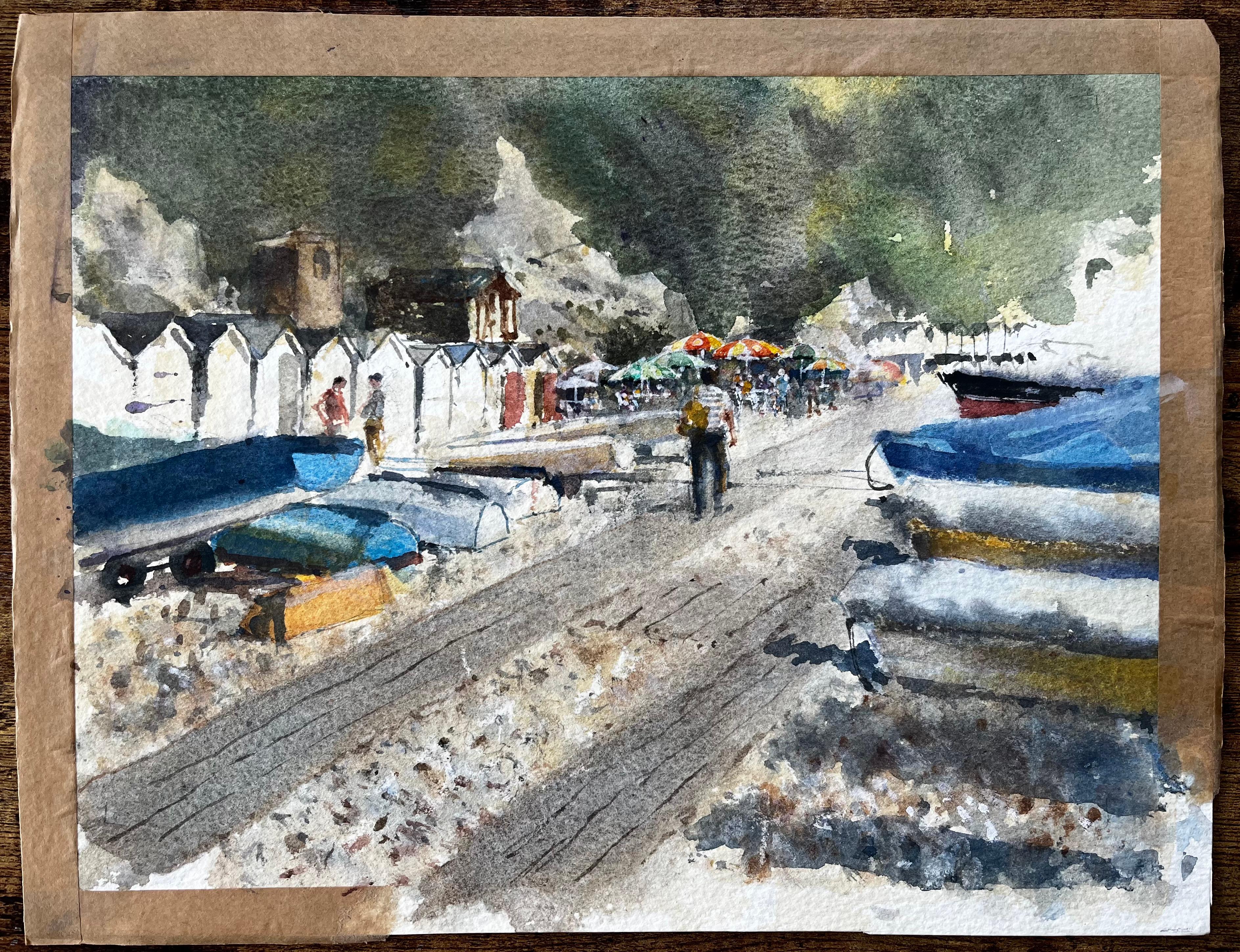 Beer Devon Beach Scene with Boats Beach Huts and Umbrellas Peinture à l'aquarelle - Painting de Anthony Herbert