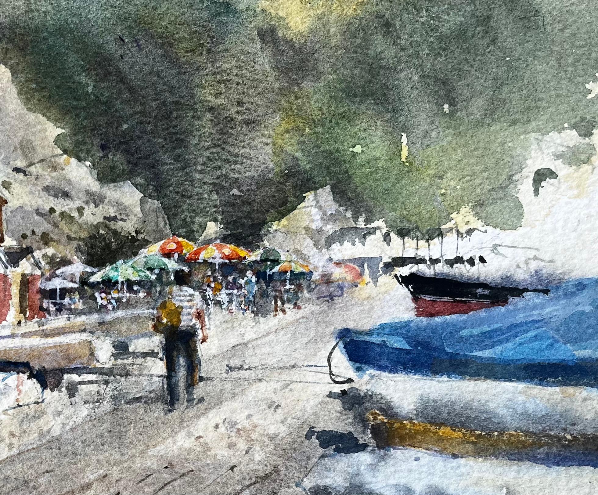 Beer Devon Beach Scene with Boats Beach Huts and Umbrellas Peinture à l'aquarelle - Impressionnisme Painting par Anthony Herbert
