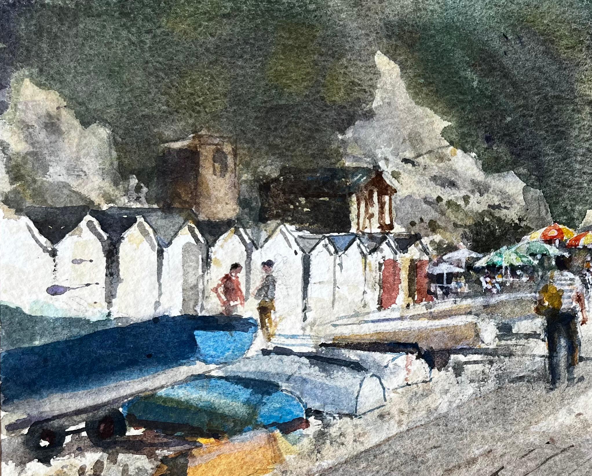 Beer Devon Beach Scene with Boats Beach Huts and Umbrellas Peinture à l'aquarelle - Gris Landscape Painting par Anthony Herbert