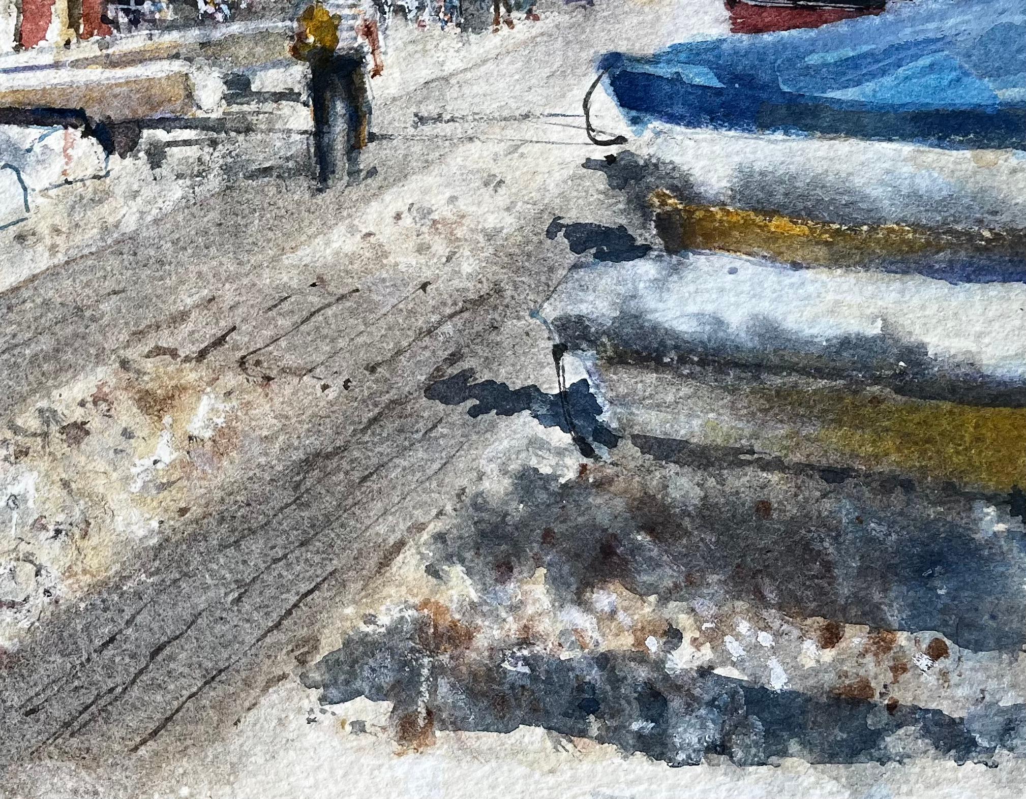 Titre : Peinture à l'aquarelle de la plage de Beer Devon avec des bateaux, des cabanes de plage et des parasols
Par Tony Herbert (1927-2024)
Moyen d'expression : Aquarelle sur papier d'artiste
Taille : 10.25 x 13.25 pouces
Verso annoté :