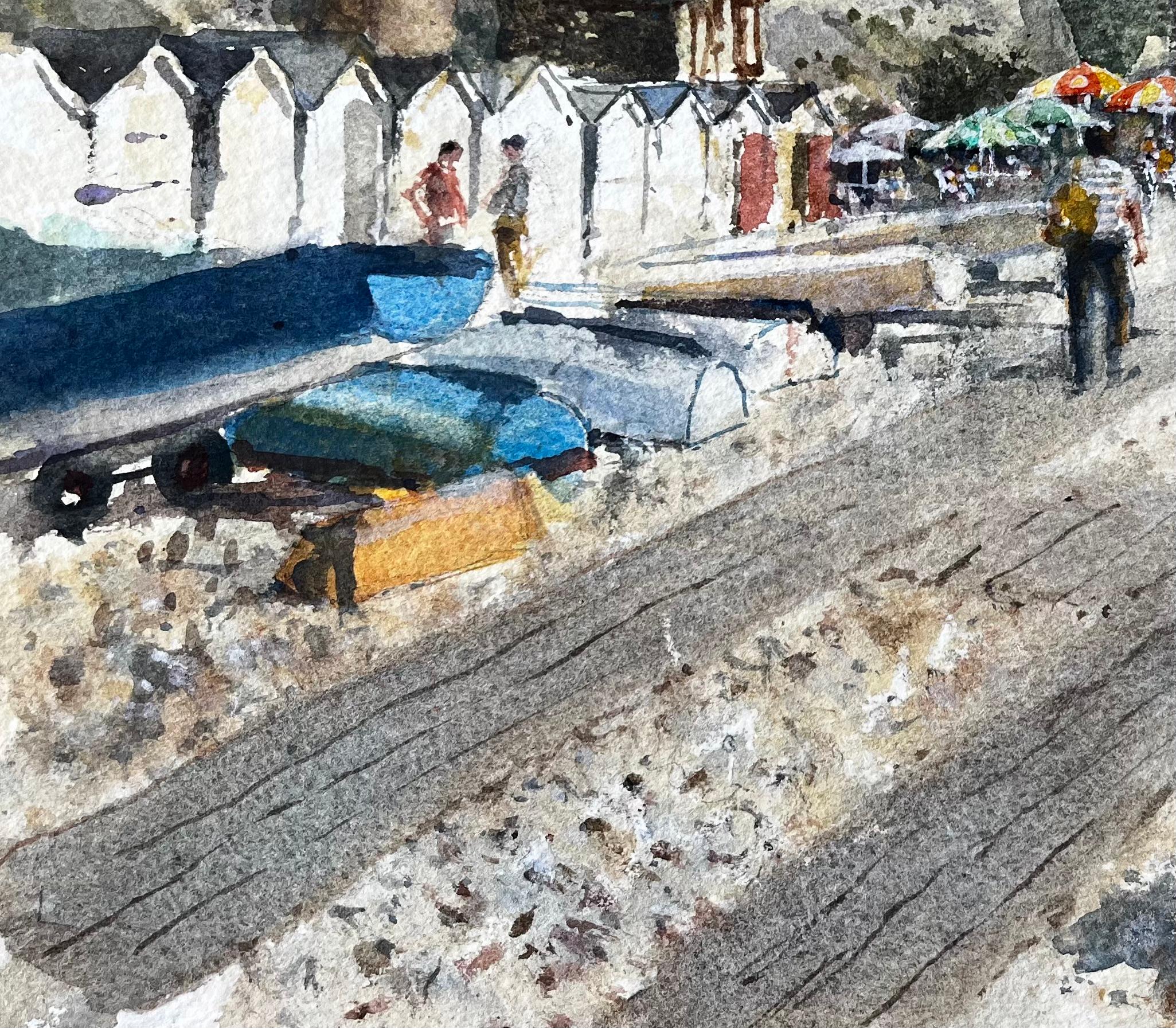 Beer Devon Beach Scene with Boats Beach Huts and Umbrellas Peinture à l'aquarelle en vente 1