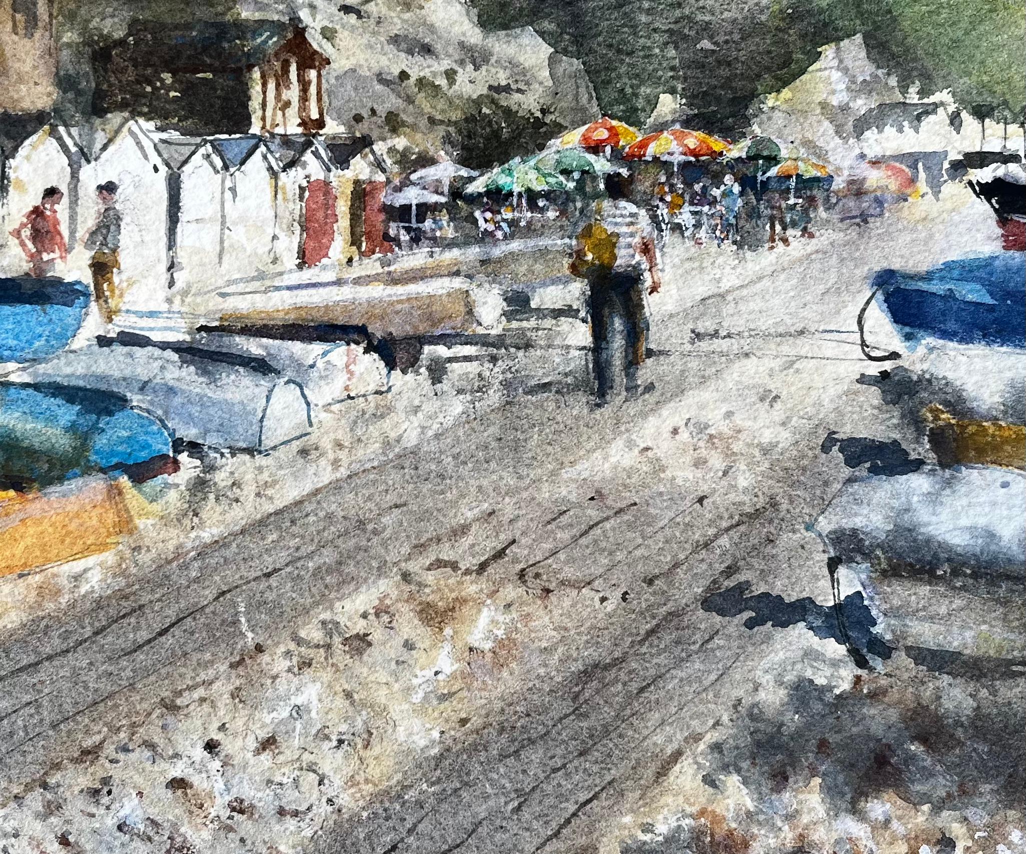 Beer Devon Beach Scene with Boats Beach Huts and Umbrellas Peinture à l'aquarelle en vente 2