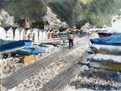 Cerveza Escena de playa de Devon con barcas Chozas de playa y sombrillas Pintura a la acuarela