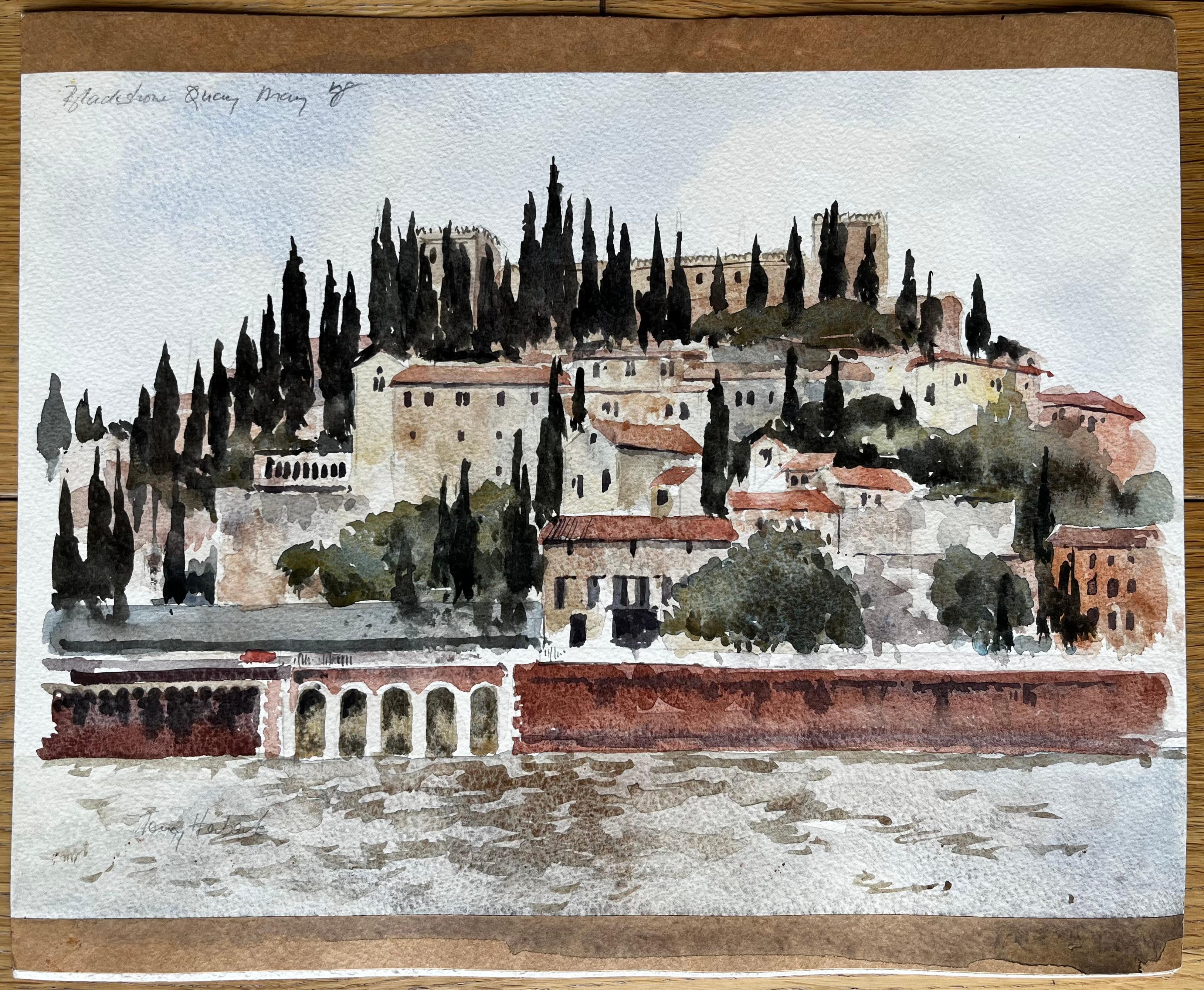 Blackstone Quay Sunlit Italy Landschaft Mai 1998 Signierte Aquarellmalerei – Painting von Anthony Herbert