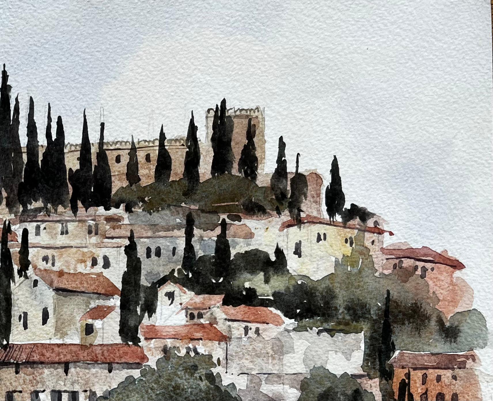 Blackstone Quay Sunlit Italy Landschaft Mai 1998 Signierte Aquarellmalerei (Grau), Landscape Painting, von Anthony Herbert