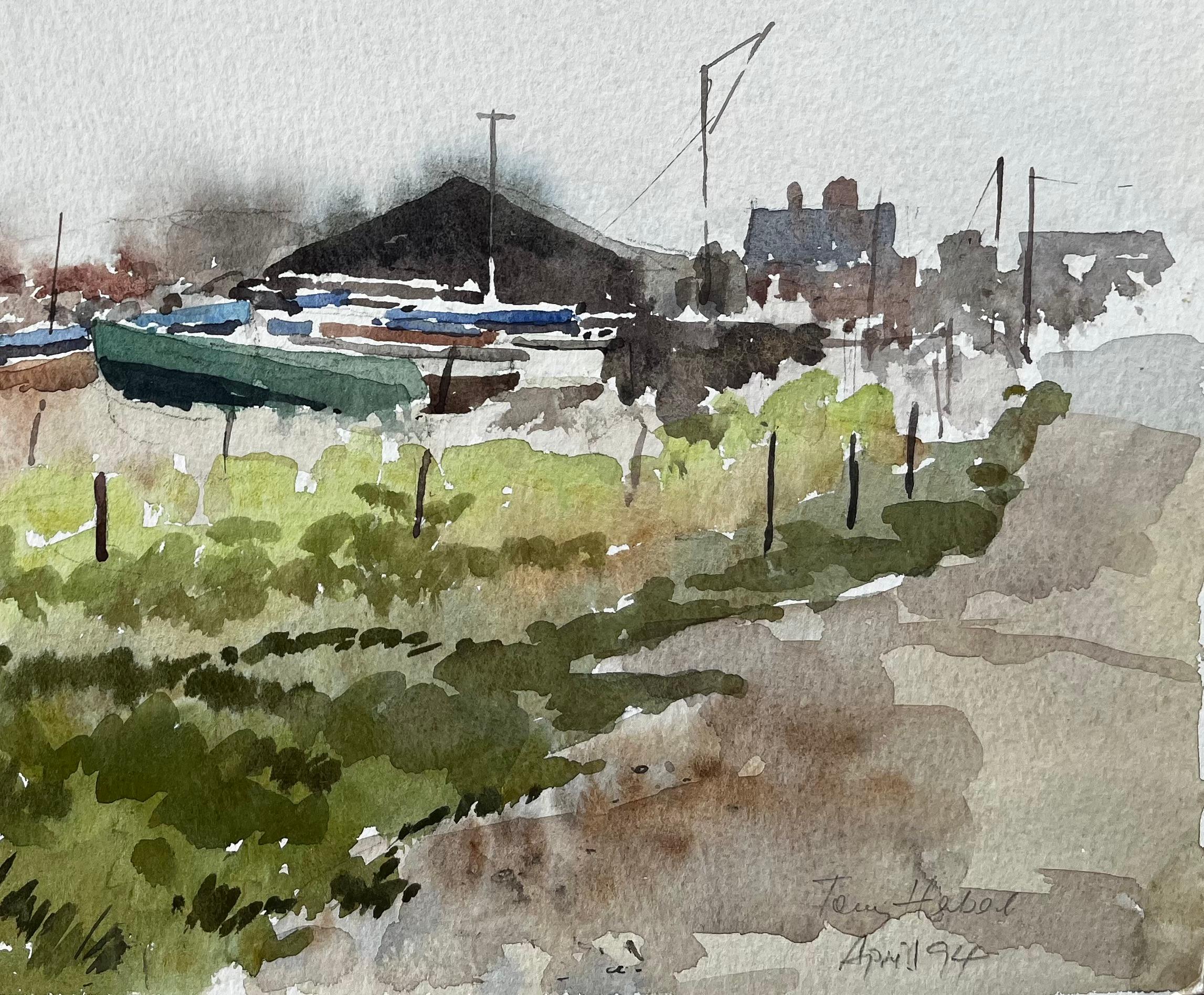 Bootswerft mit grünem Beiboot und Scheune Suffolk Coastal Scene April 1994 (Impressionismus), Painting, von Anthony Herbert