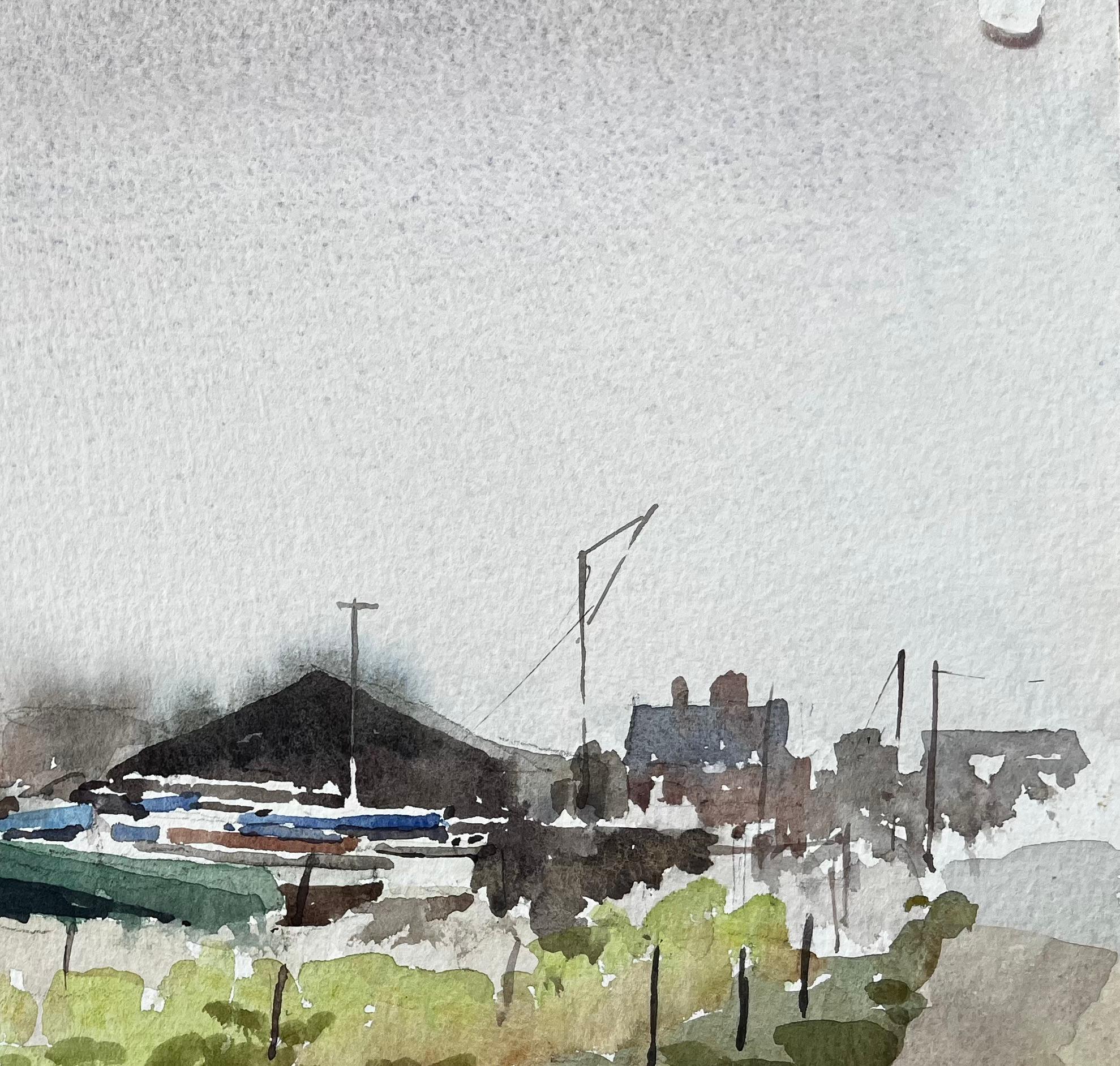 Bootswerft mit grünem Beiboot und Scheune Suffolk Coastal Scene April 1994 (Grau), Landscape Painting, von Anthony Herbert