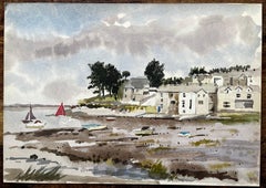 Boats at Low Tide with Village and Trees Borth y Gest North Wales 1994
