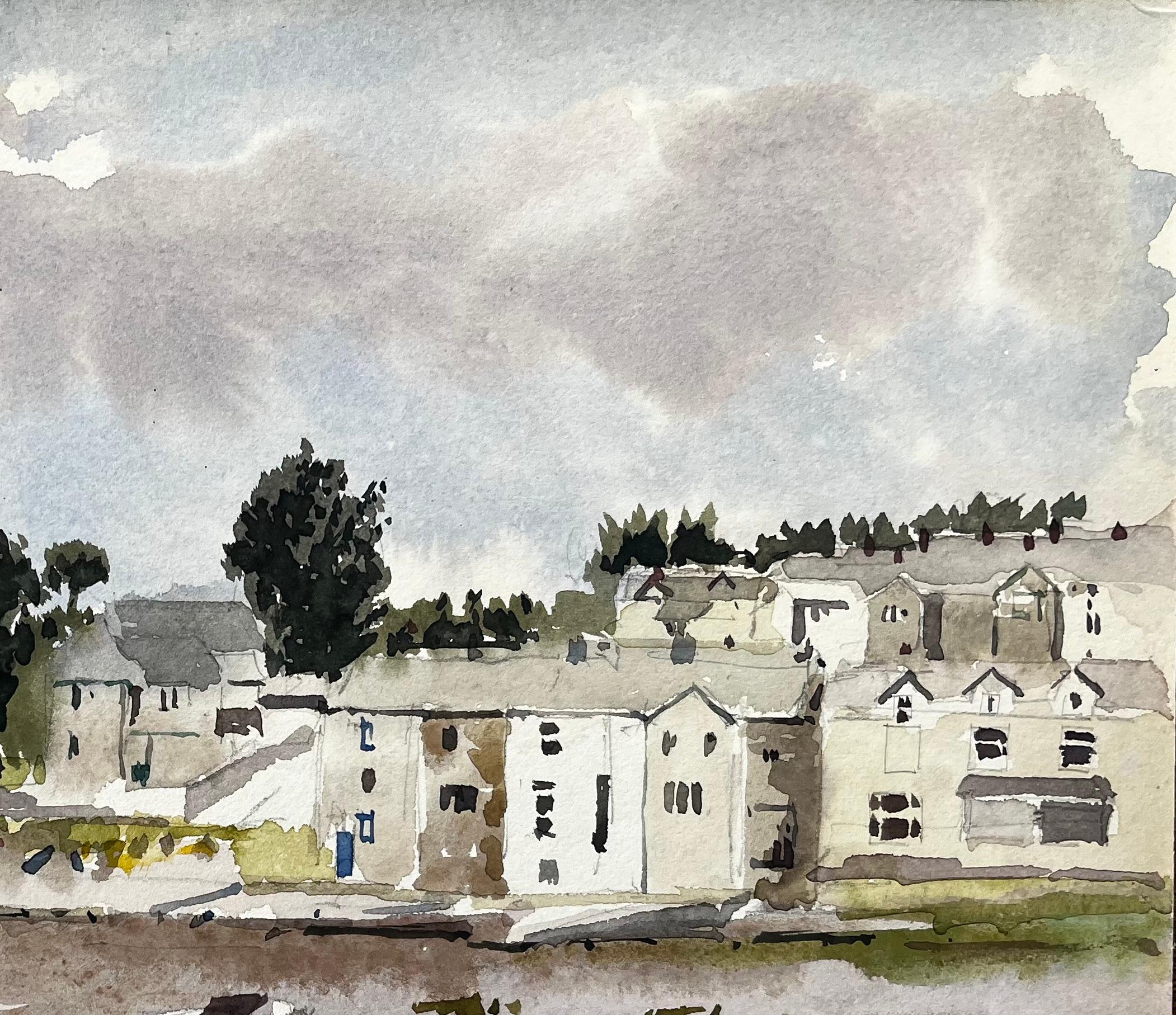 Boote bei Ebbe mit Dorf und Bäumen Borth y Gest Nordwales 1994 (Impressionismus), Art, von Anthony Herbert