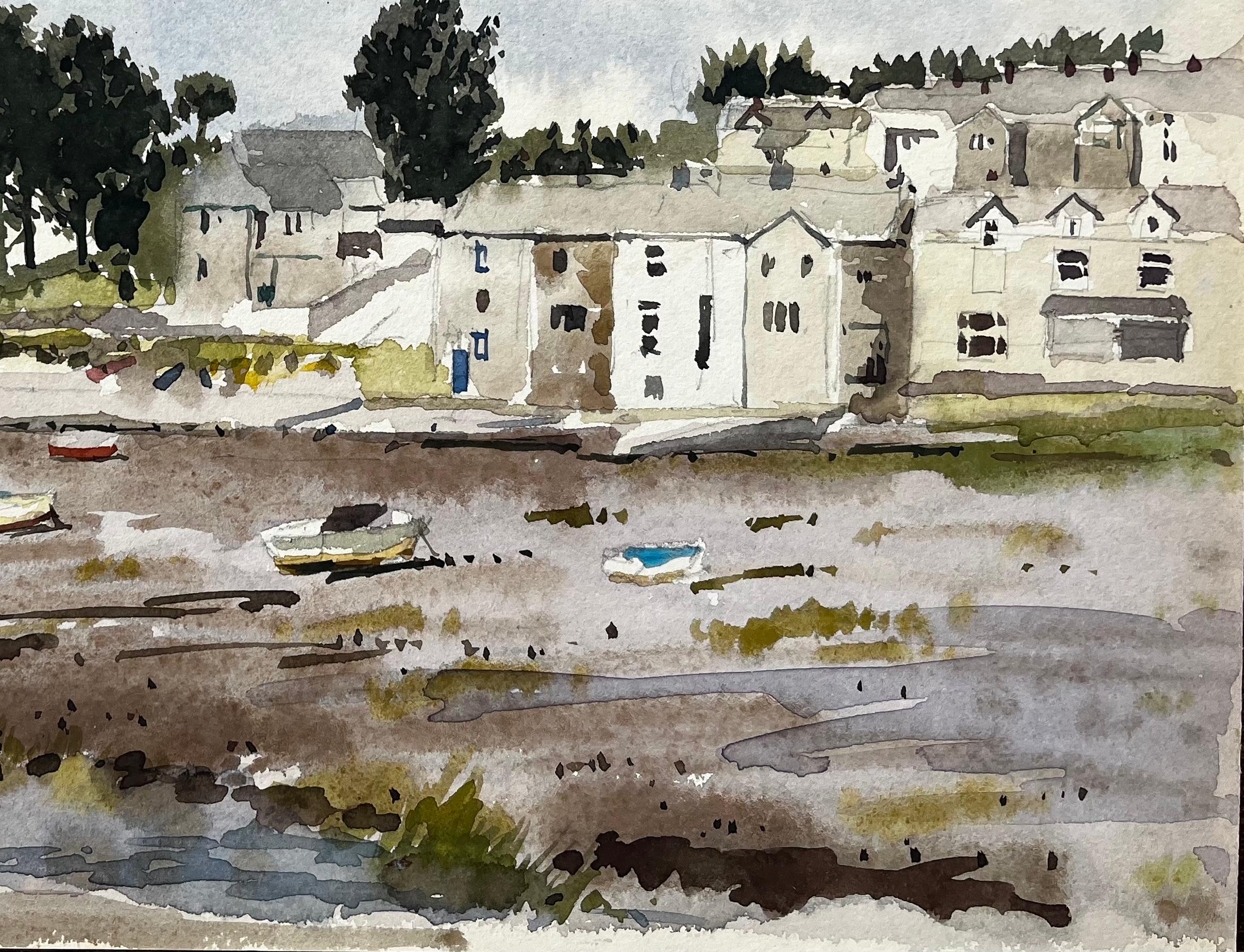 Boote bei Ebbe mit Dorf und Bäumen Borth y Gest Nordwales 1994 im Angebot 1