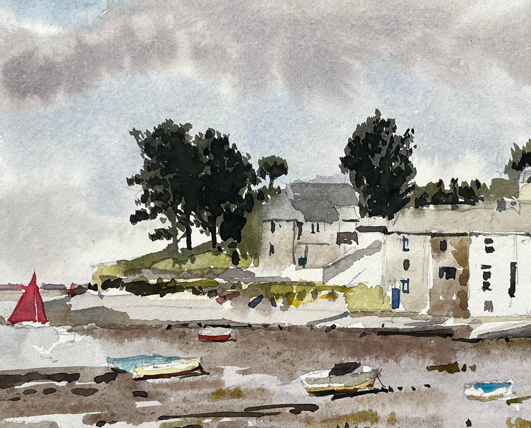 Boote bei Ebbe mit Dorf und Bäumen Borth y Gest Nordwales 1994 im Angebot 3
