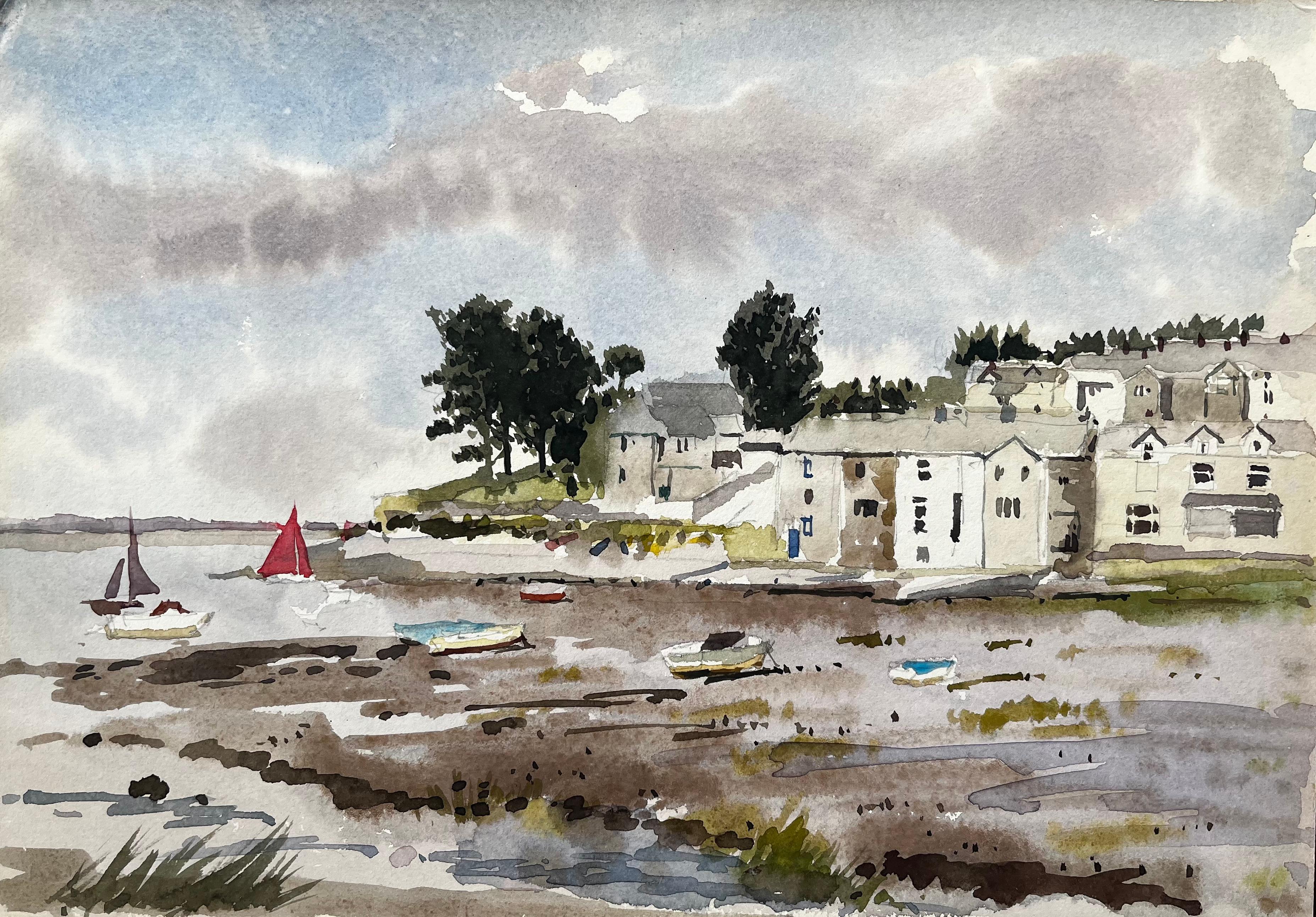 Anthony Herbert Landscape Art – Boote bei Ebbe mit Dorf und Bäumen Borth y Gest Nordwales 1994