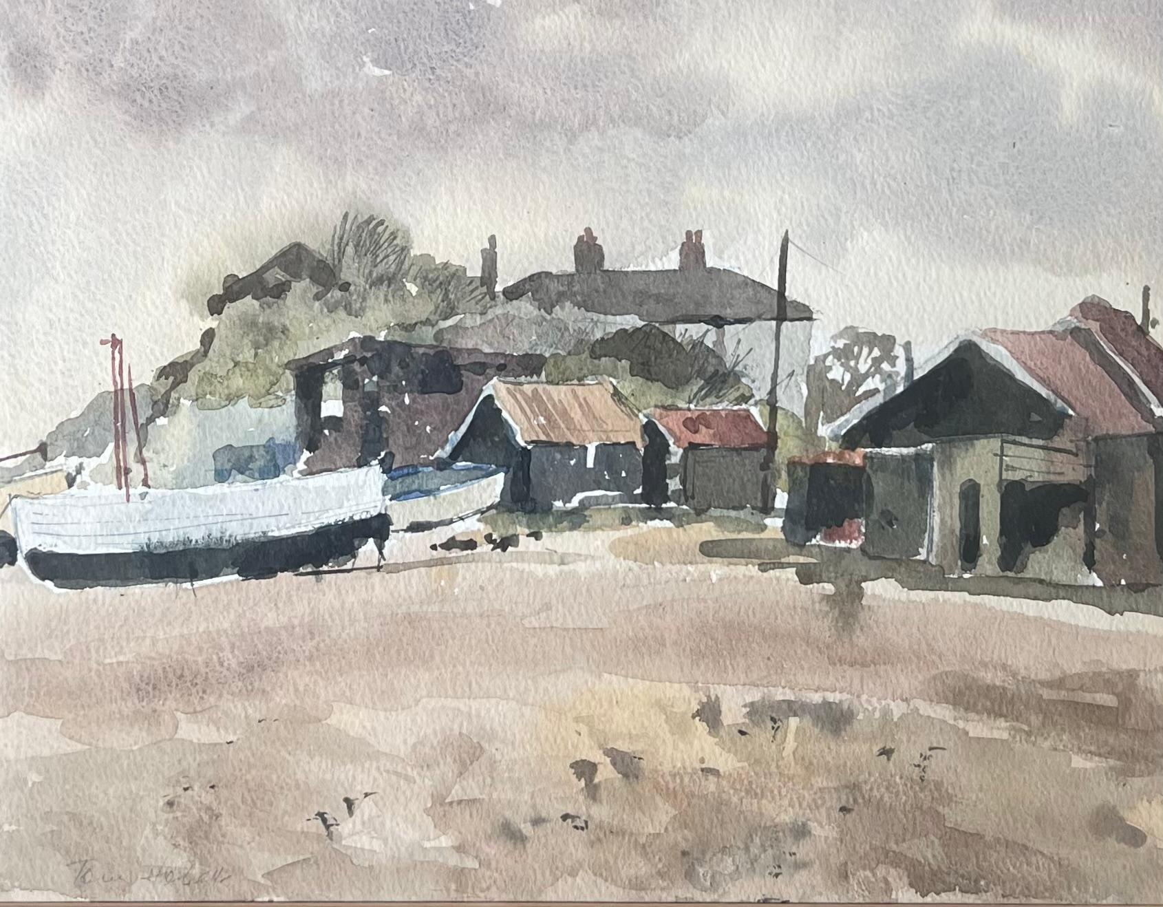 Boats Docked on Shore By Weathered Wooden Sheds with Rusted Roofs Watercolour - Art by Anthony Herbert