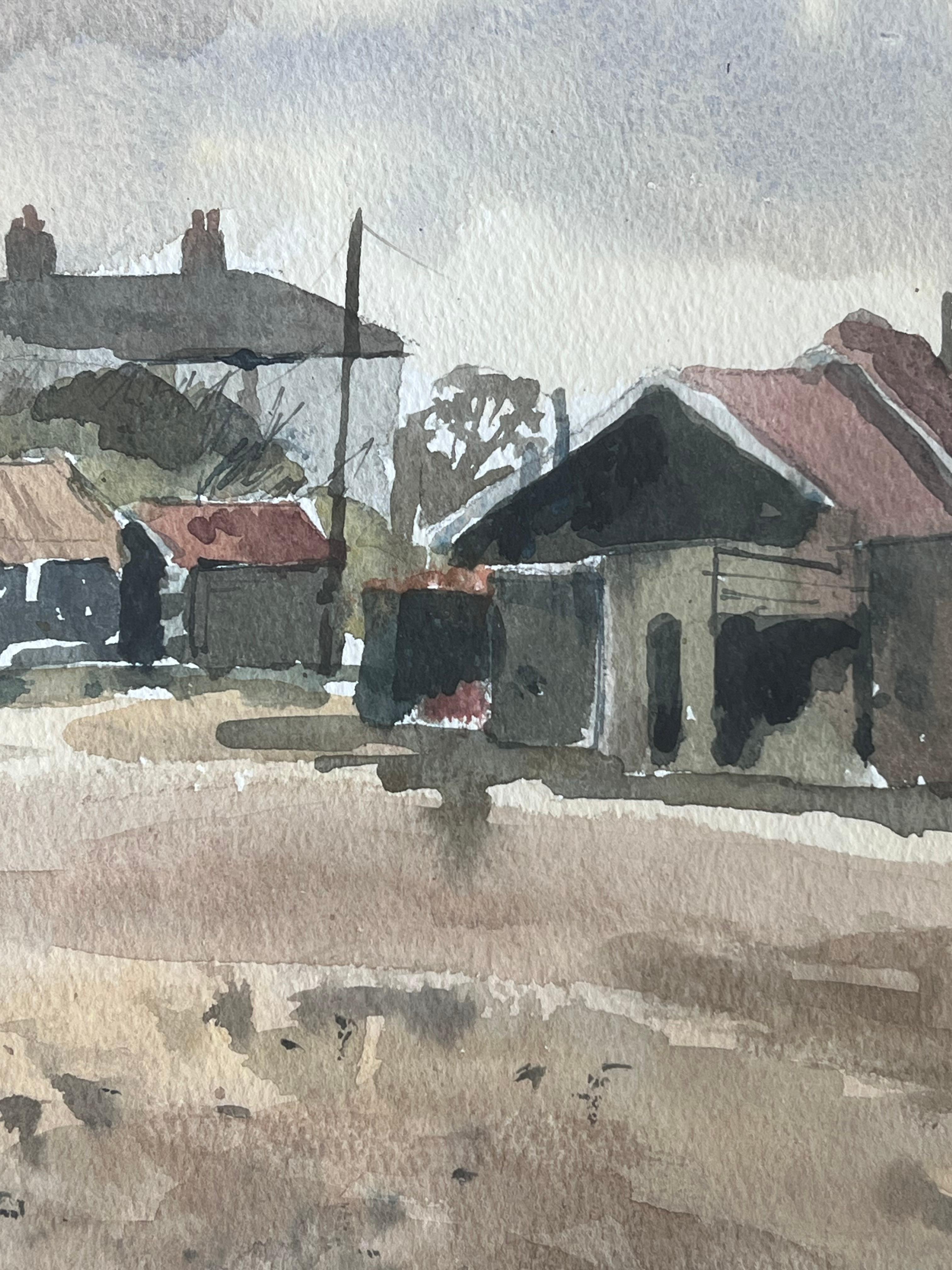 Boats Docked on Shore By Weathered Wooden Sheds with Rusted Roofs Watercolour - Impressionist Art by Anthony Herbert
