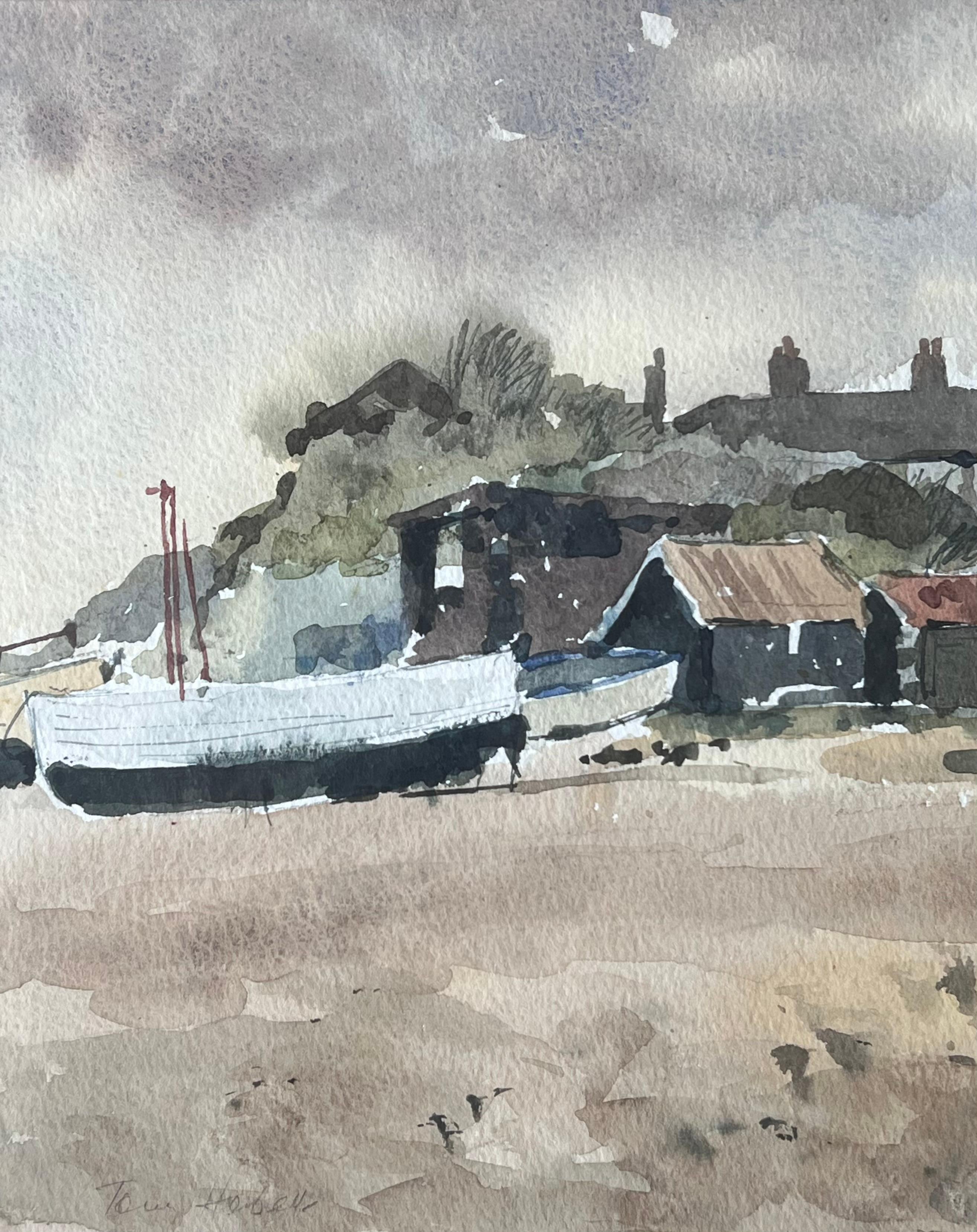 Docked Boats
Signed By Tony Herbert (1927-2024)
Medium: Watercolor on artists paper on board, framed - glass covered 
Framed: 17.5 x 20 inches
Watercolour: 10 x 12 inches
Condition: Good and sound condition 
Provenance: From a large private