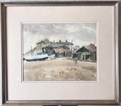Boats Docked on Shore By Weathered Wooden Sheds with Rusted Roofs Watercolour