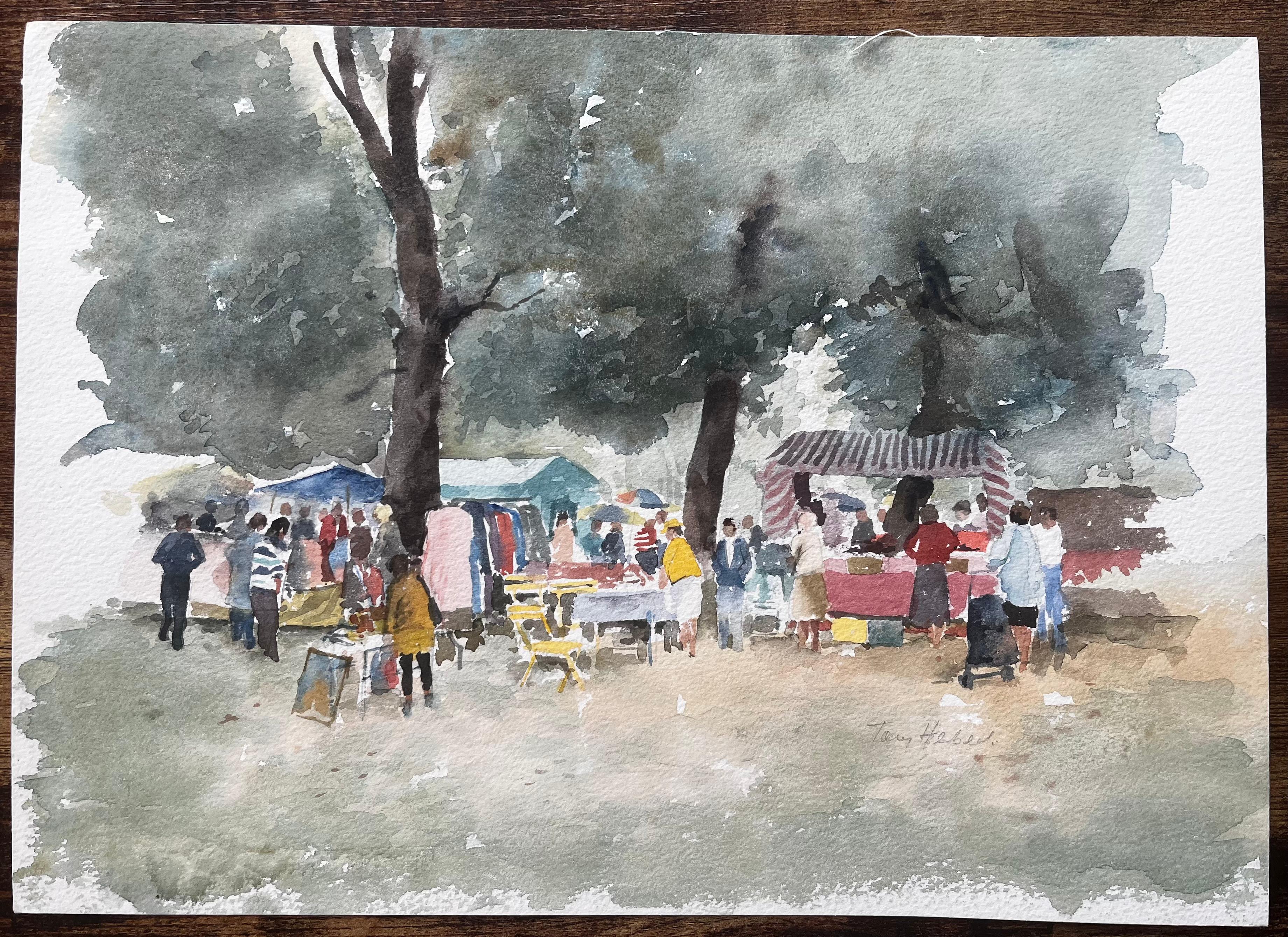 Borough Farm Fair Scene mit Marktständen und Bäumen Aquarellmalerei – Art von Anthony Herbert
