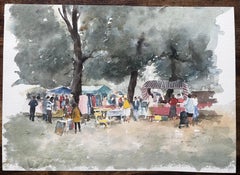 Borough Farm Fair Scene with Market Stalls and Trees Watercolour Painting