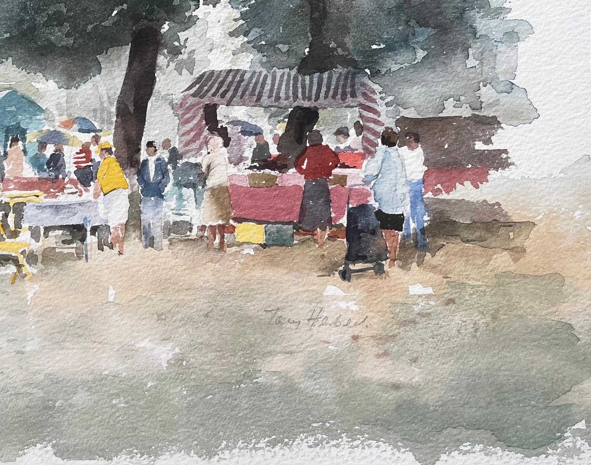 Borough Farm Fair Scene mit Marktständen und Bäumen Aquarellmalerei (Impressionismus), Art, von Anthony Herbert