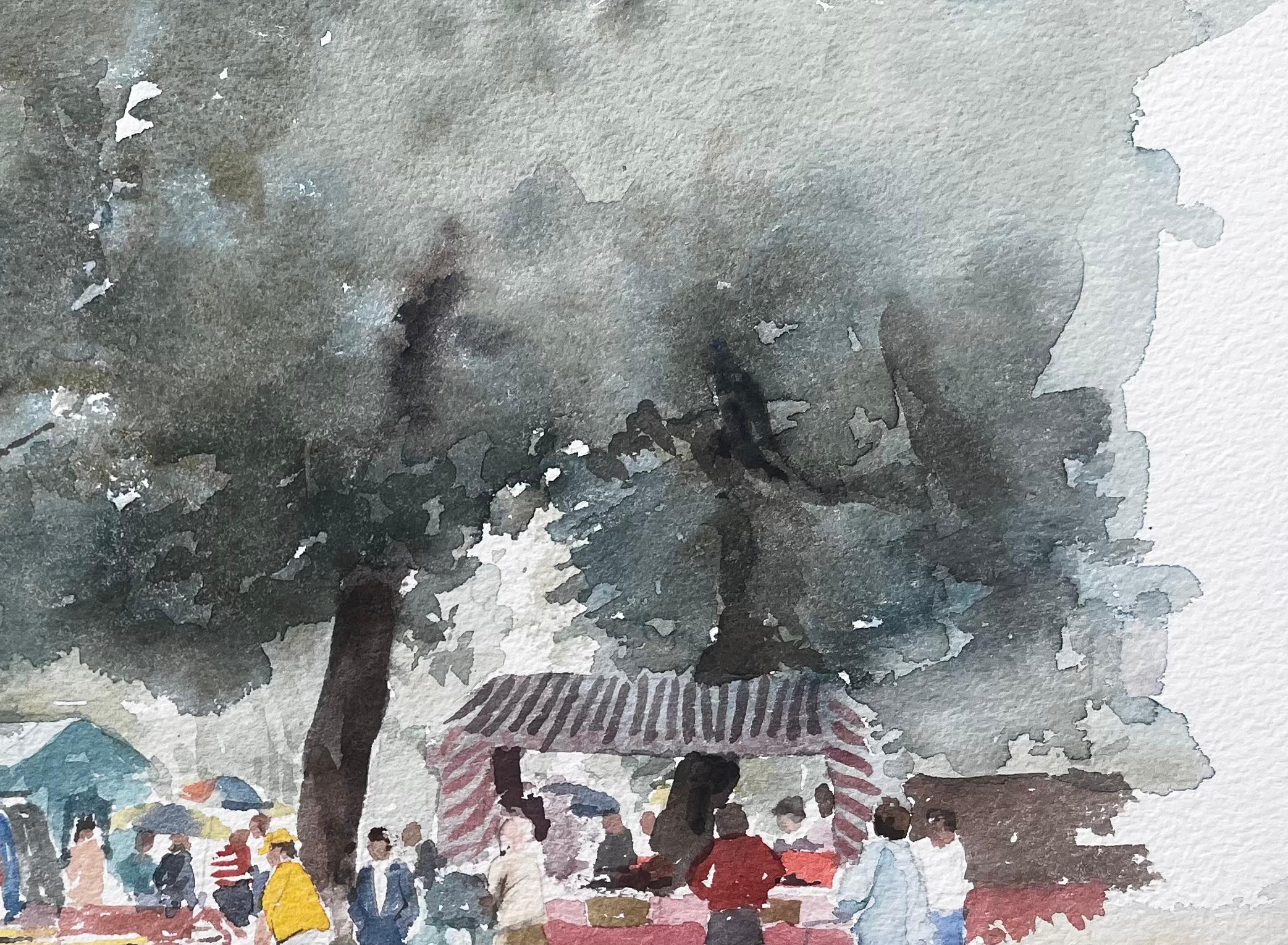 Borough Farm Fair Scene mit Marktständen und Bäumen Aquarellmalerei (Grau), Landscape Art, von Anthony Herbert