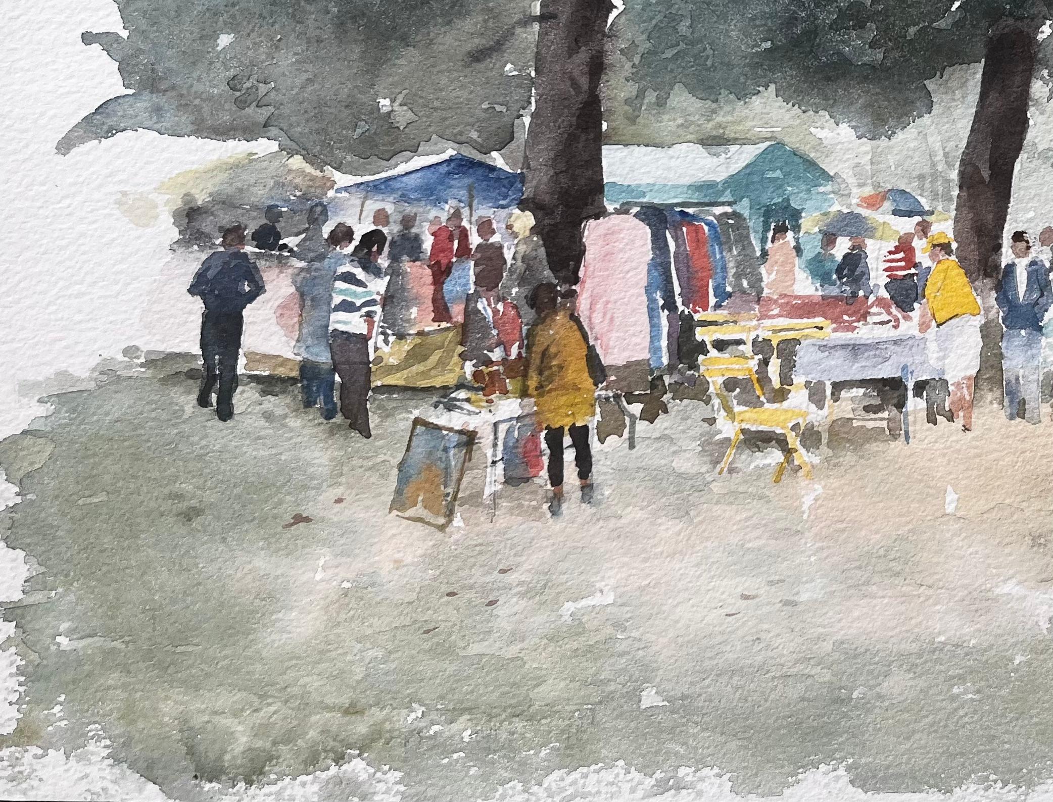 Titel: Borough Farm Fair Scene mit Marktständen und Bäumen Aquarellmalerei
Von Tony Herbert (1927-2024)
Signiert: Rechts unten
Medium: Aquarell auf Papier, ungerahmt
Größe: 9,75 Zoll (Höhe) x 13,75 Zoll (Breite)
Zustand: gut, einige altersbedingte